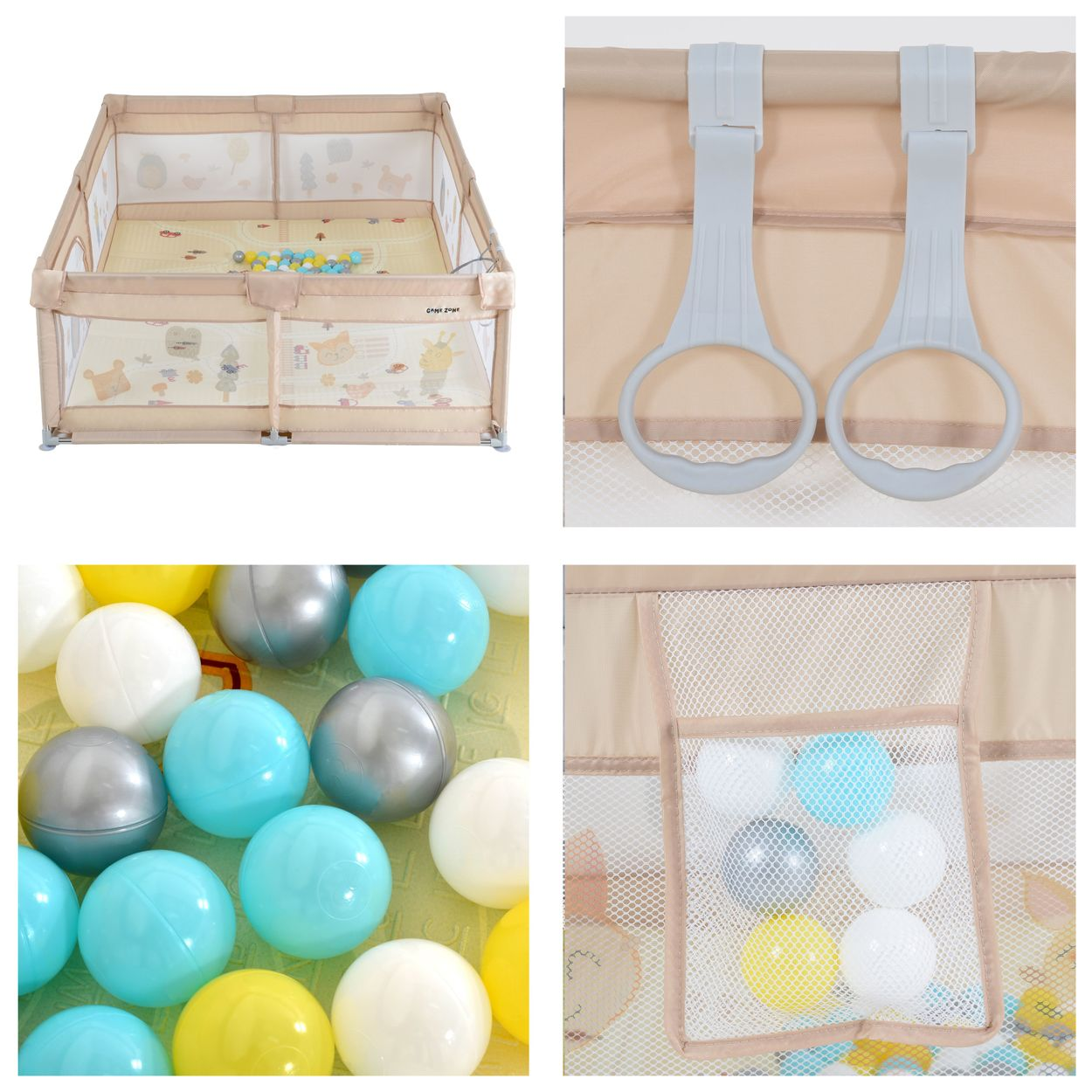 Beige Laufstall mit grauen Ringen, Aufbewahrungstasche und blauen, gelben, silbernen und weißen Bällen.