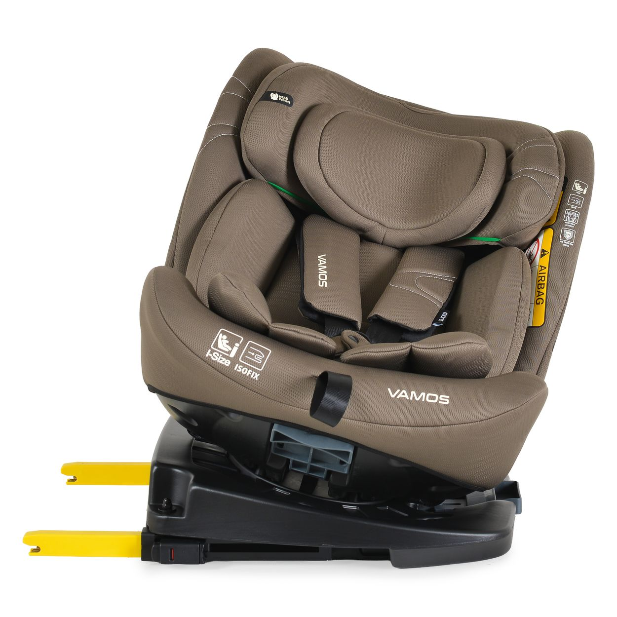 Brauner Vamos Kinderautositz mit schwarzer ISOFIX-Basis und gelben Konnektoren vor weißem Hintergrund.