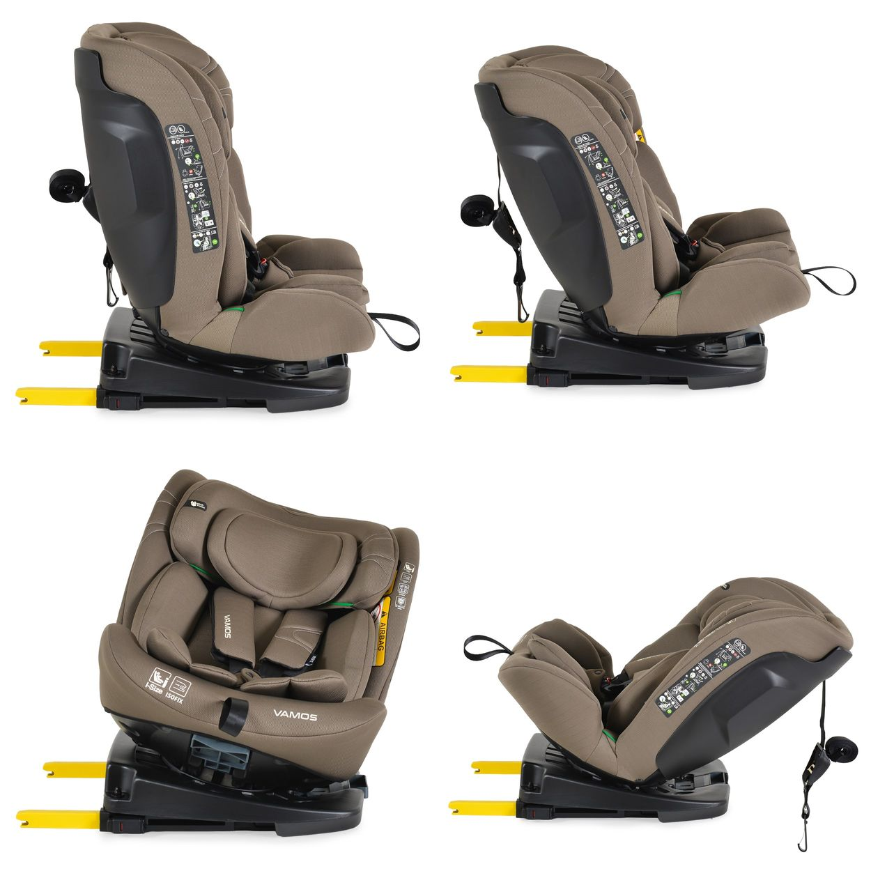 Vier Ansichten eines braunen Kinderautositzes mit schwarzer Basis und gelben Isofix-Konnektoren auf weißem Grund.