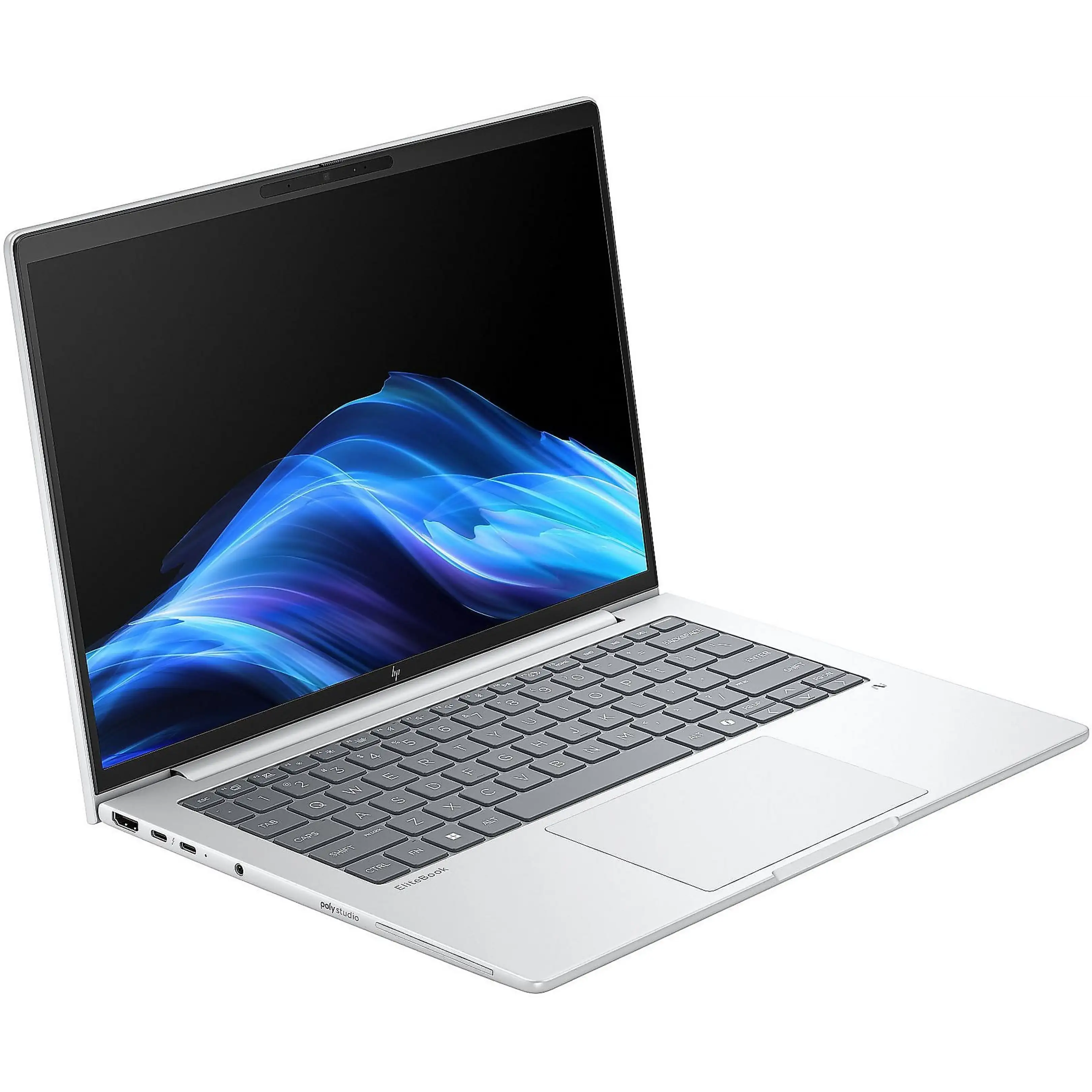 Un computer portatile argentato con tastiera grigia e sfondo a onde blu.