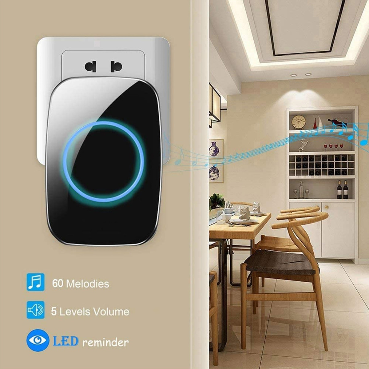 Ein weiß-schwarzer Türklingelsender mit blauem LED-Ring und Icons für Melodien, Lautstärke sowie LED-Erinnerung.