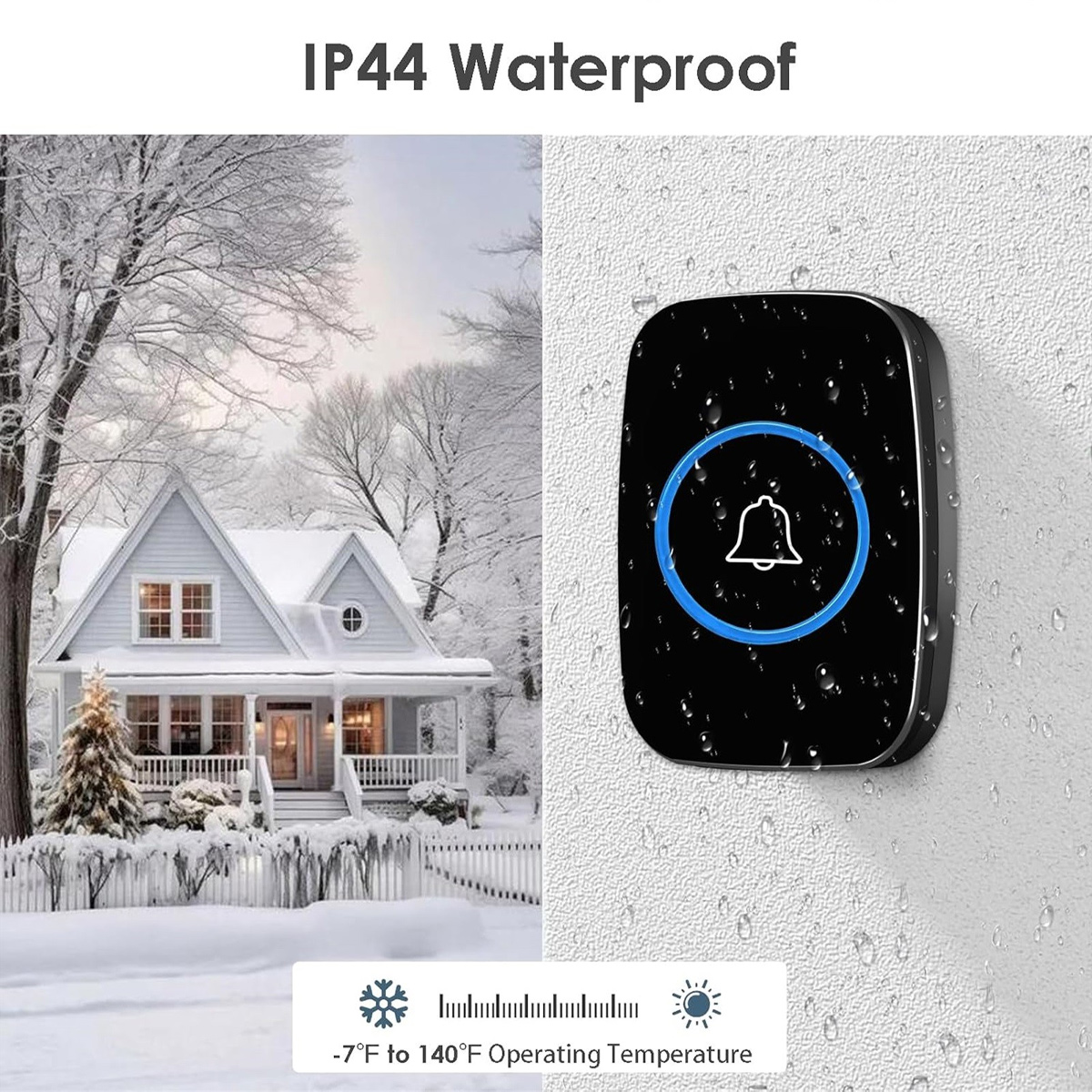 Wasserdichte IP44 Klingel an einer Wand mit Wassertropfen vor verschneitem Haus.