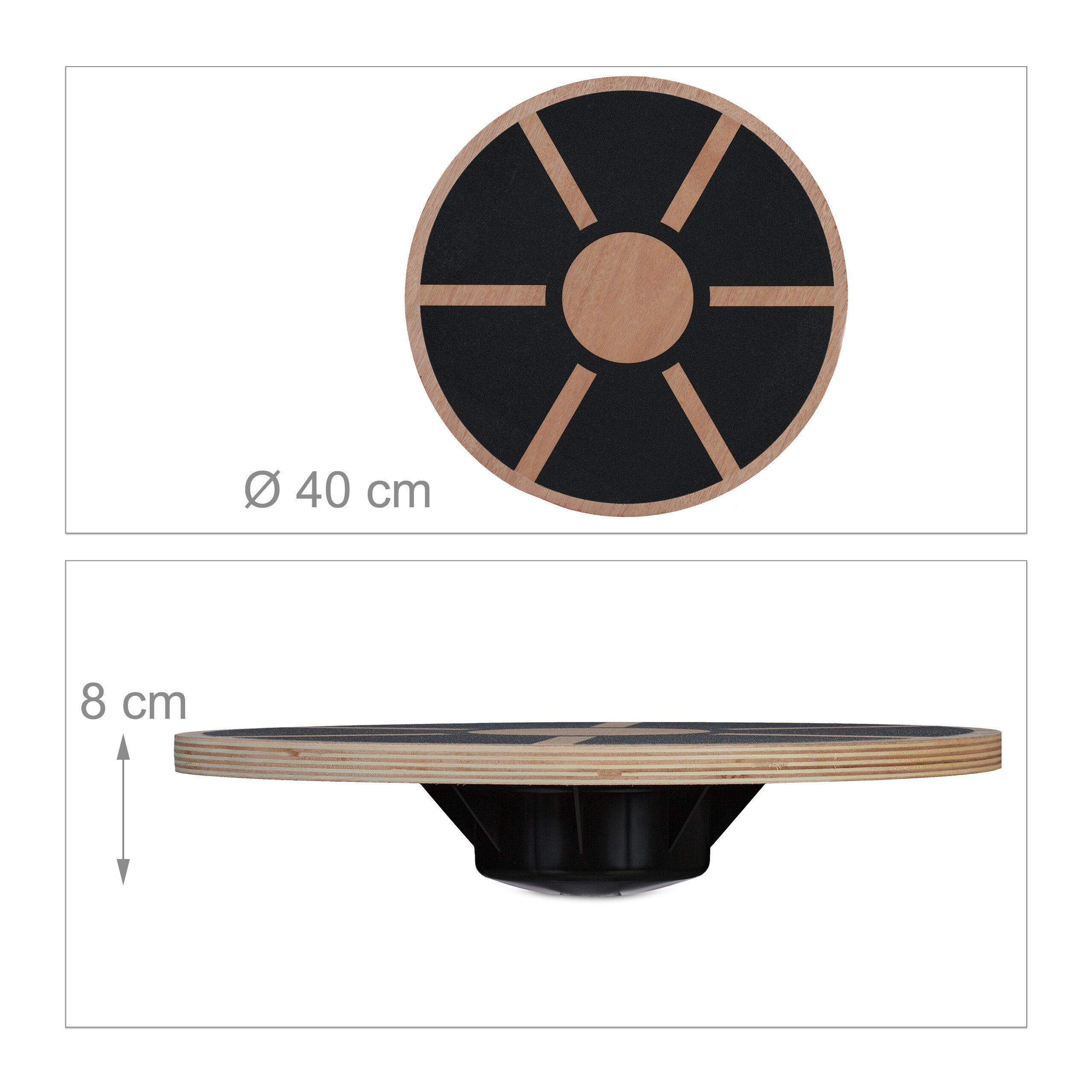 Holz-Wackelbrett mit schwarzem Griptape, Durchmesser 40 cm, Höhe 8 cm.