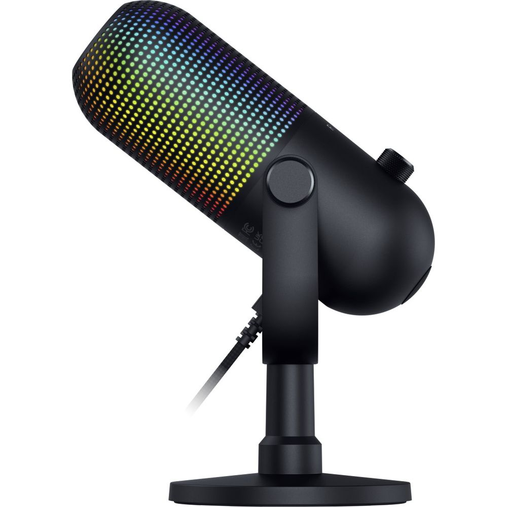 Ein schwarzes USB-Mikrofon auf einem Ständer mit RGB-Gitter und Regler an der Seite.