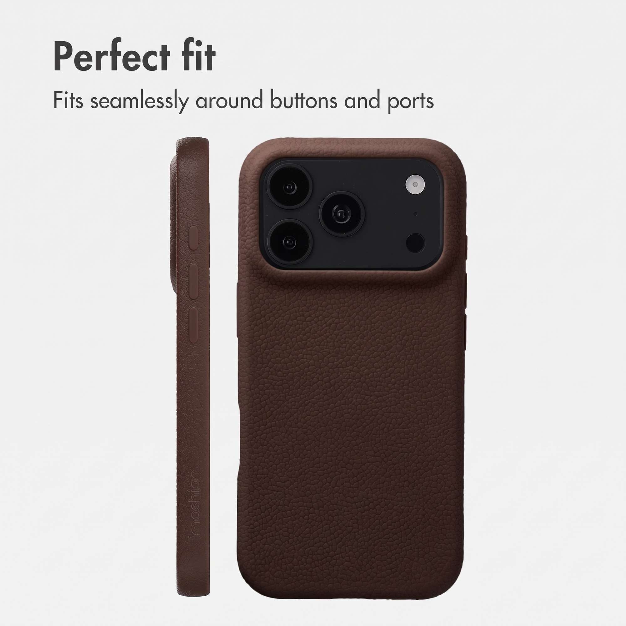 Une coque de téléphone en cuir marron montre l'arrière et le côté avec des découpes pour les boutons.