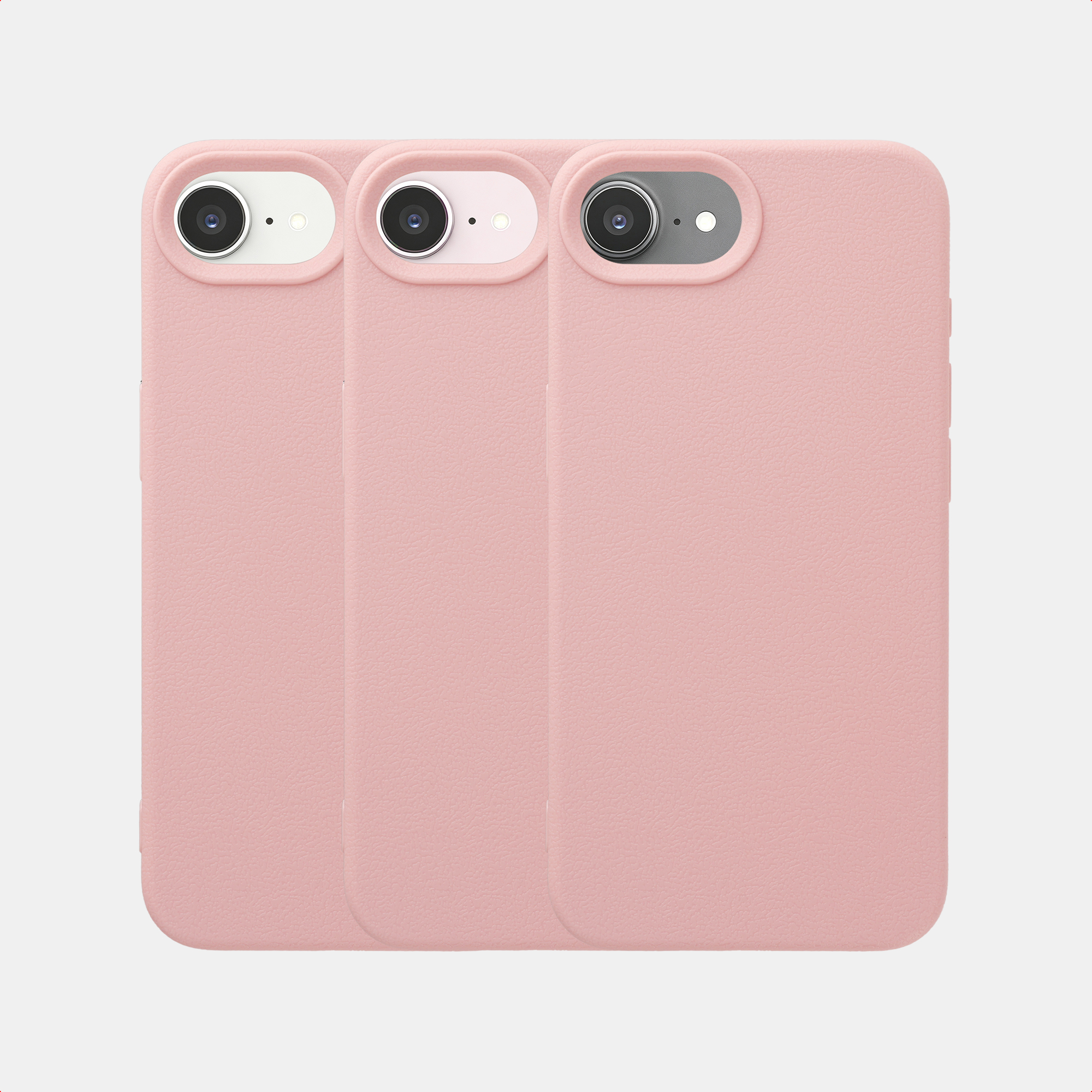 Drei rosa Smartphone-Hüllen mit Kamera-Aussparungen auf weißem Hintergrund.