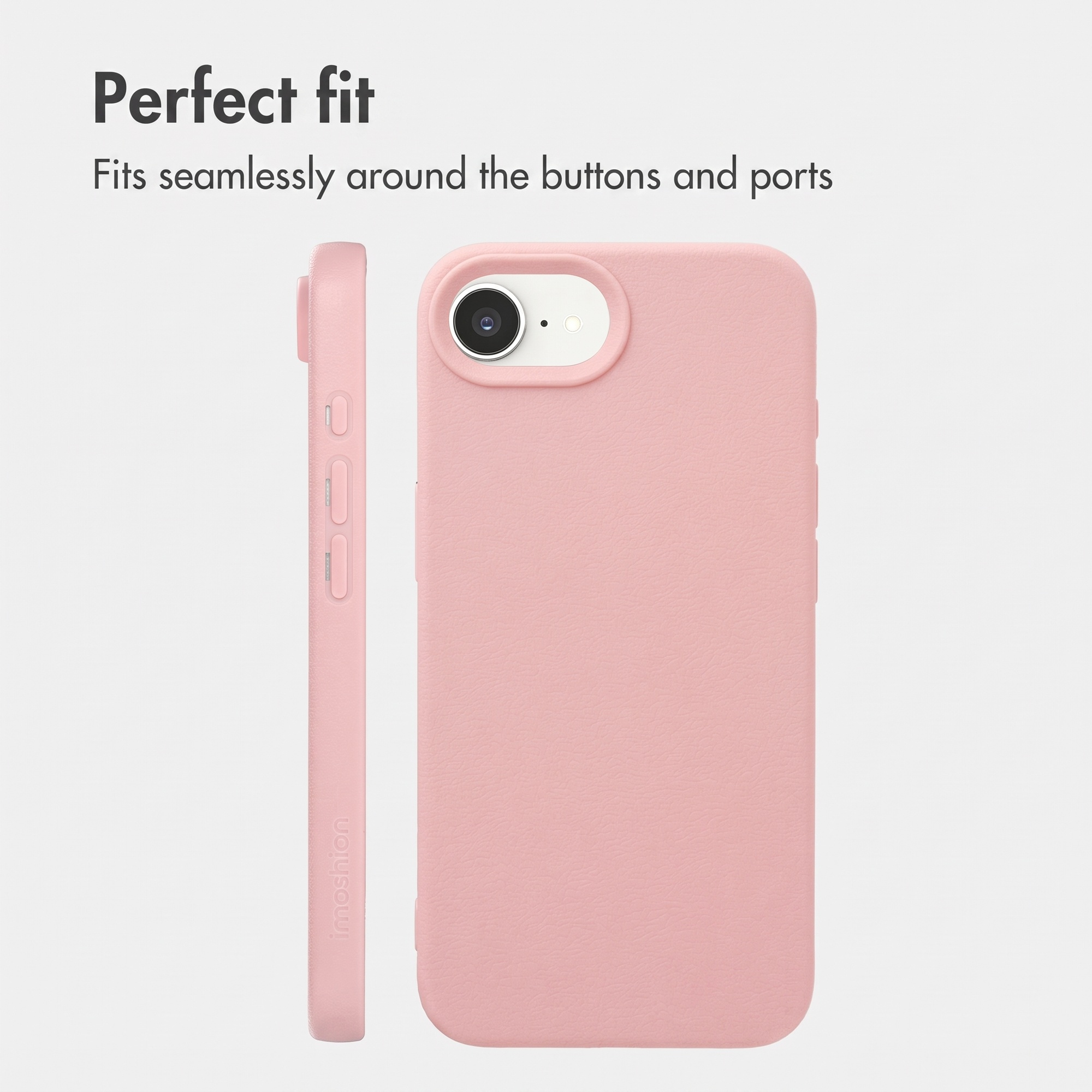 Rosa Handyhülle mit Text "Perfect fit" und Seitensicht auf Tasten.
