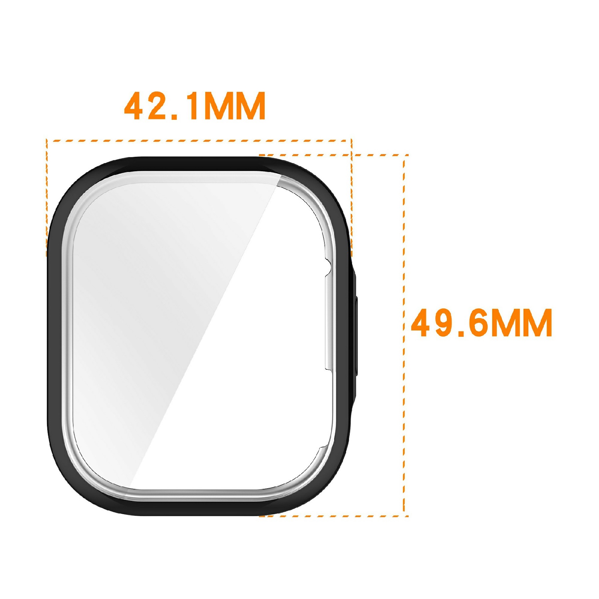 Technische Zeichnung einer Smartwatch mit den Maßen 42,1 mm und 49,6 mm.