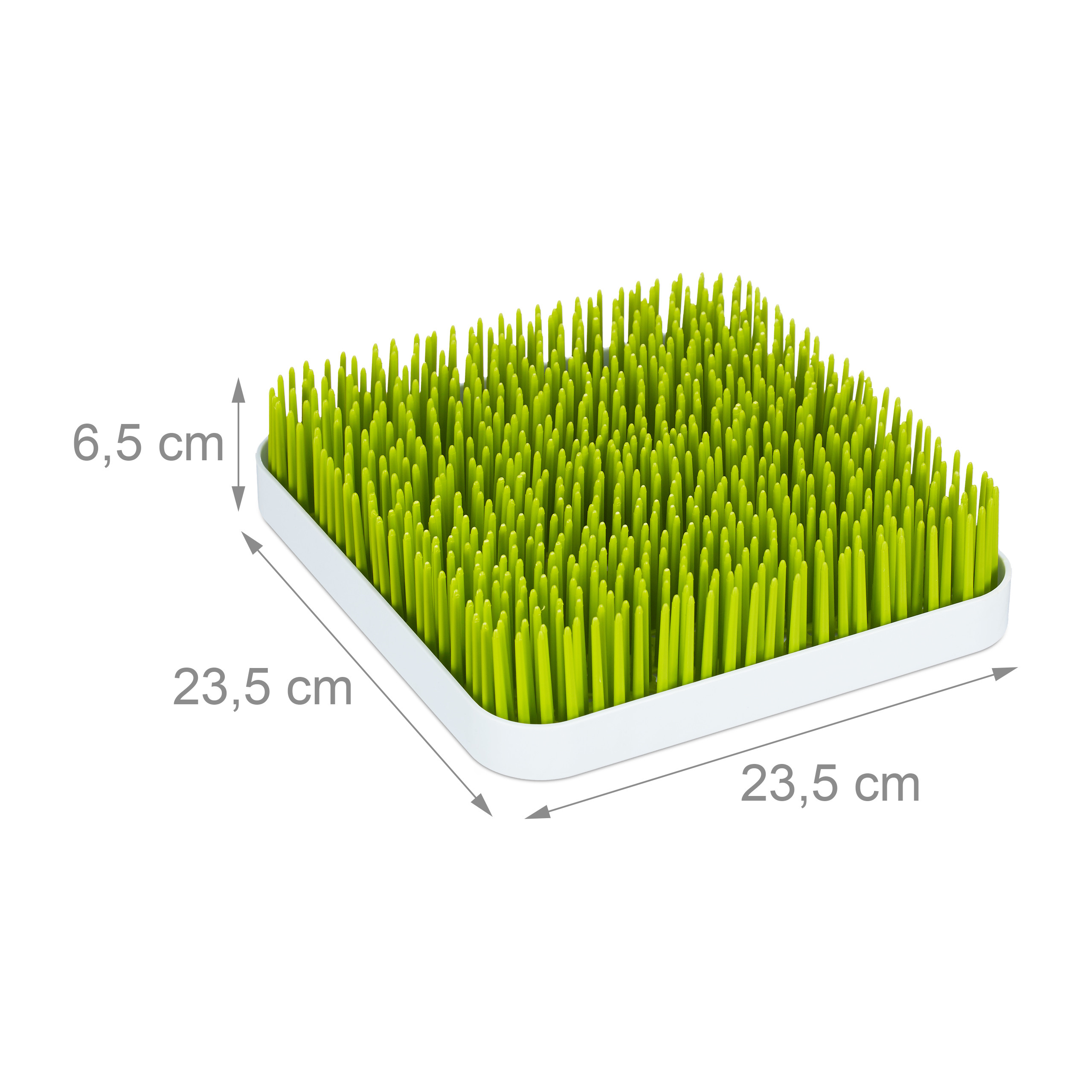 Grünes Rasen-Abtropfgestell in weißem Rahmen mit Maßangaben 23,5 x 23,5 x 6,5 cm auf weißem Hintergrund.