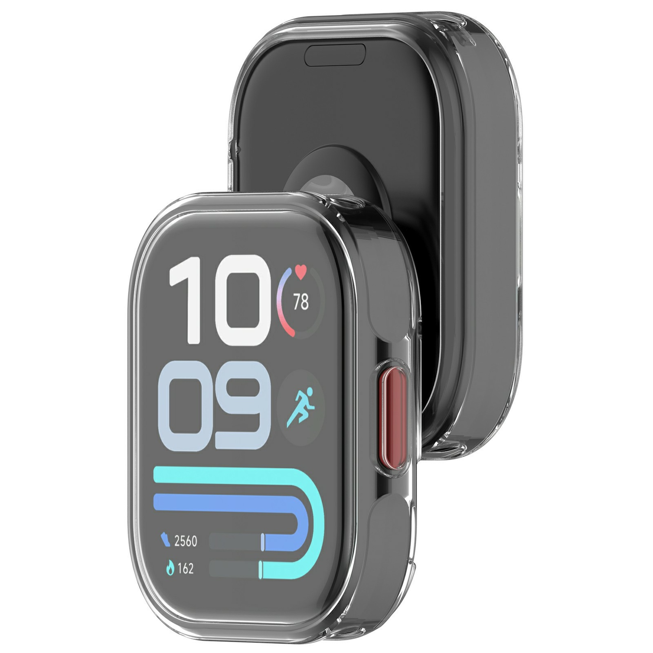 Zwei schwarze Smartwatches in transparenten Schutzhüllen auf weißem Hintergrund.