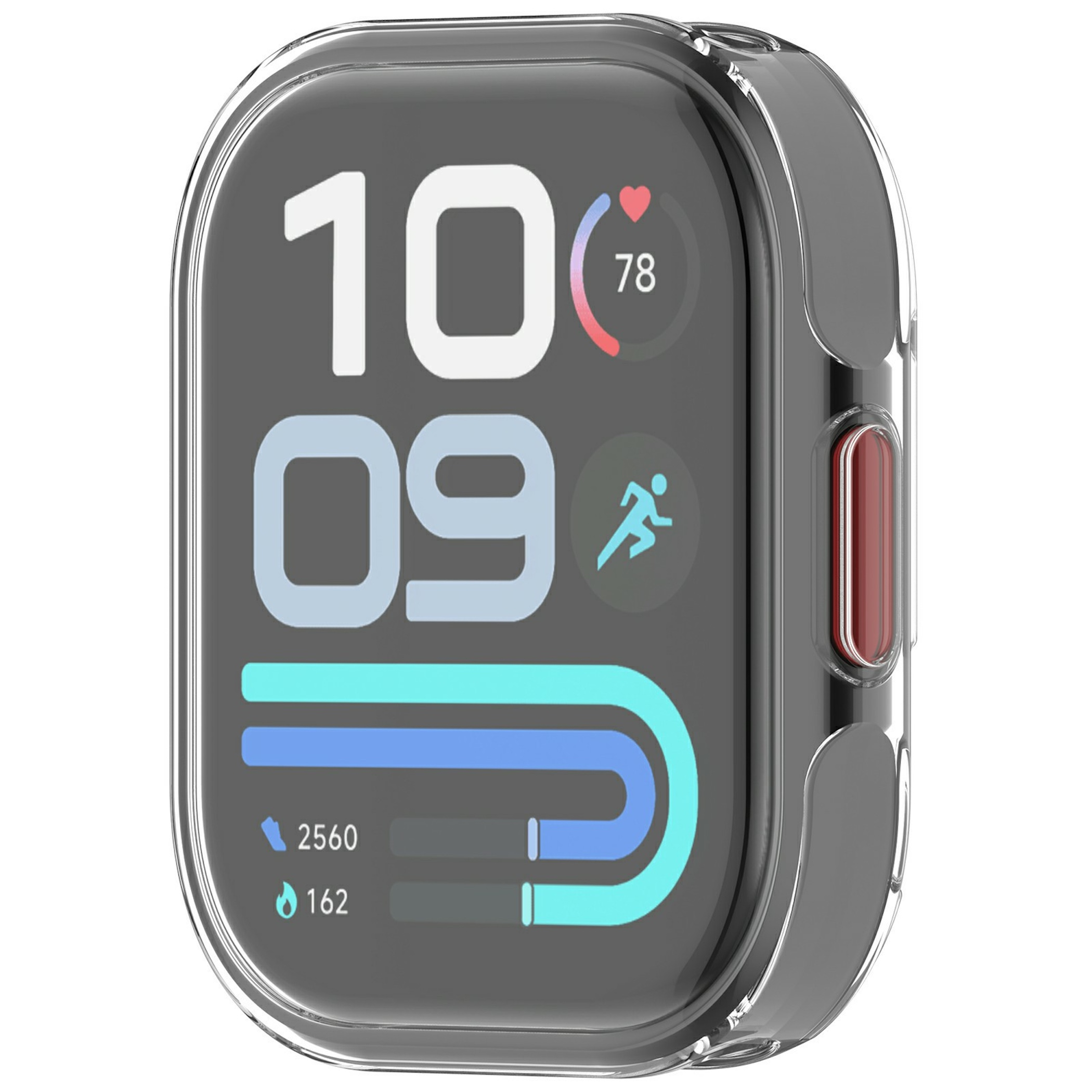 Eine rechteckige Smartwatch mit klarem Schutzgehäuse zeigt digital die Zeit, Herzfrequenz und Aktivität an.