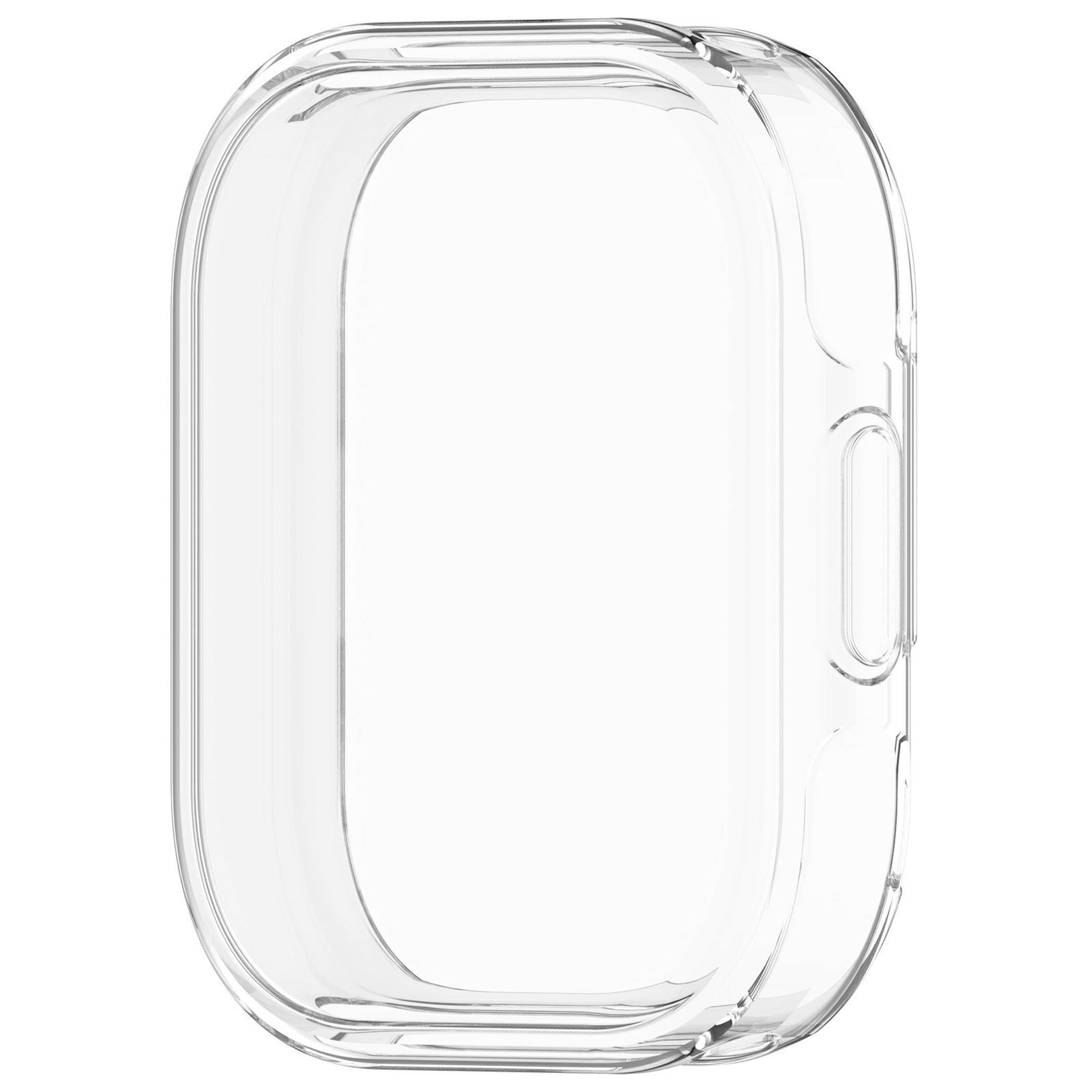 Transparente Schutzhülle für Smartwatch mit präzisen Ausschnitten auf weißem Hintergrund.