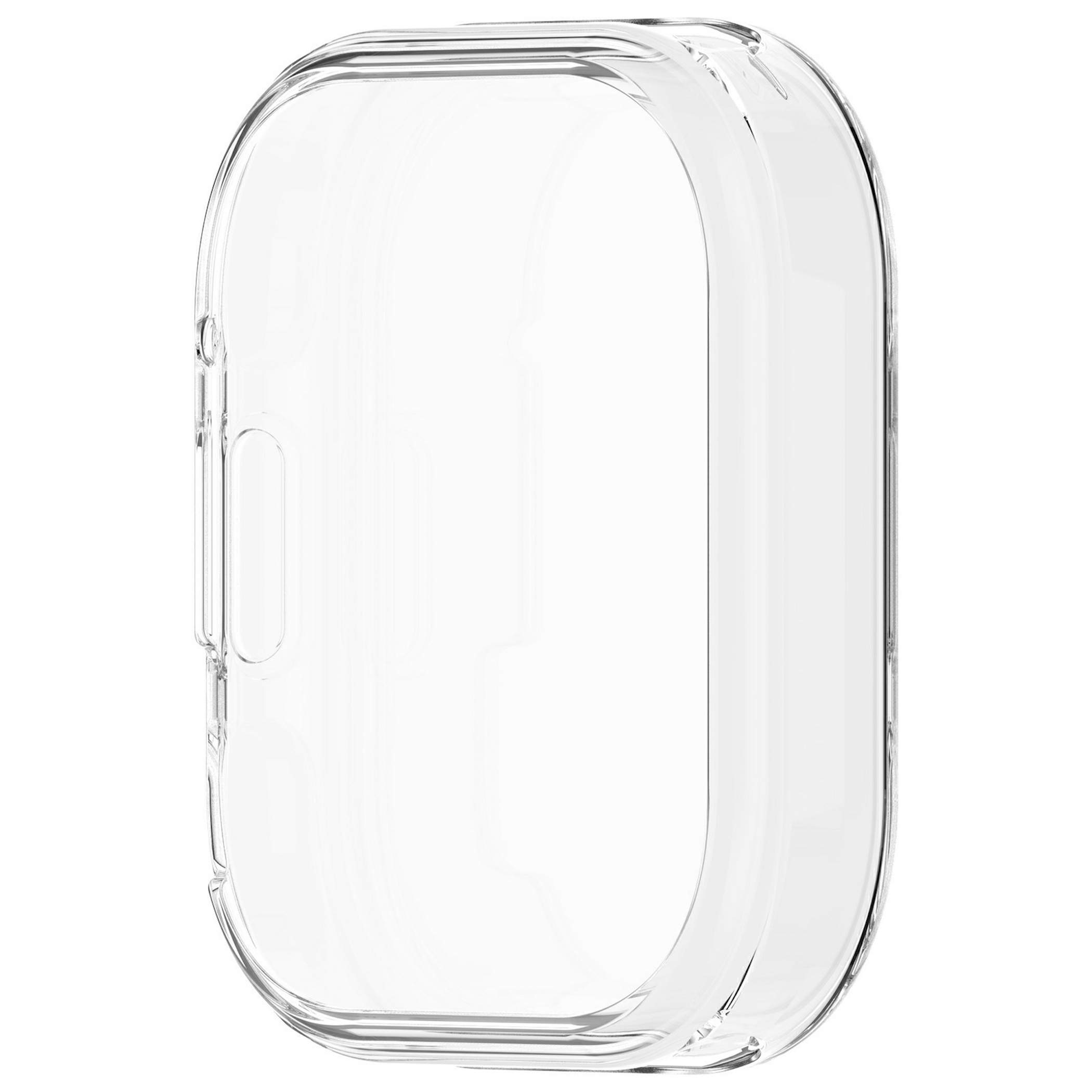 Eine transparente, schützende Smartwatch-Hülle vor weißem Hintergrund.
