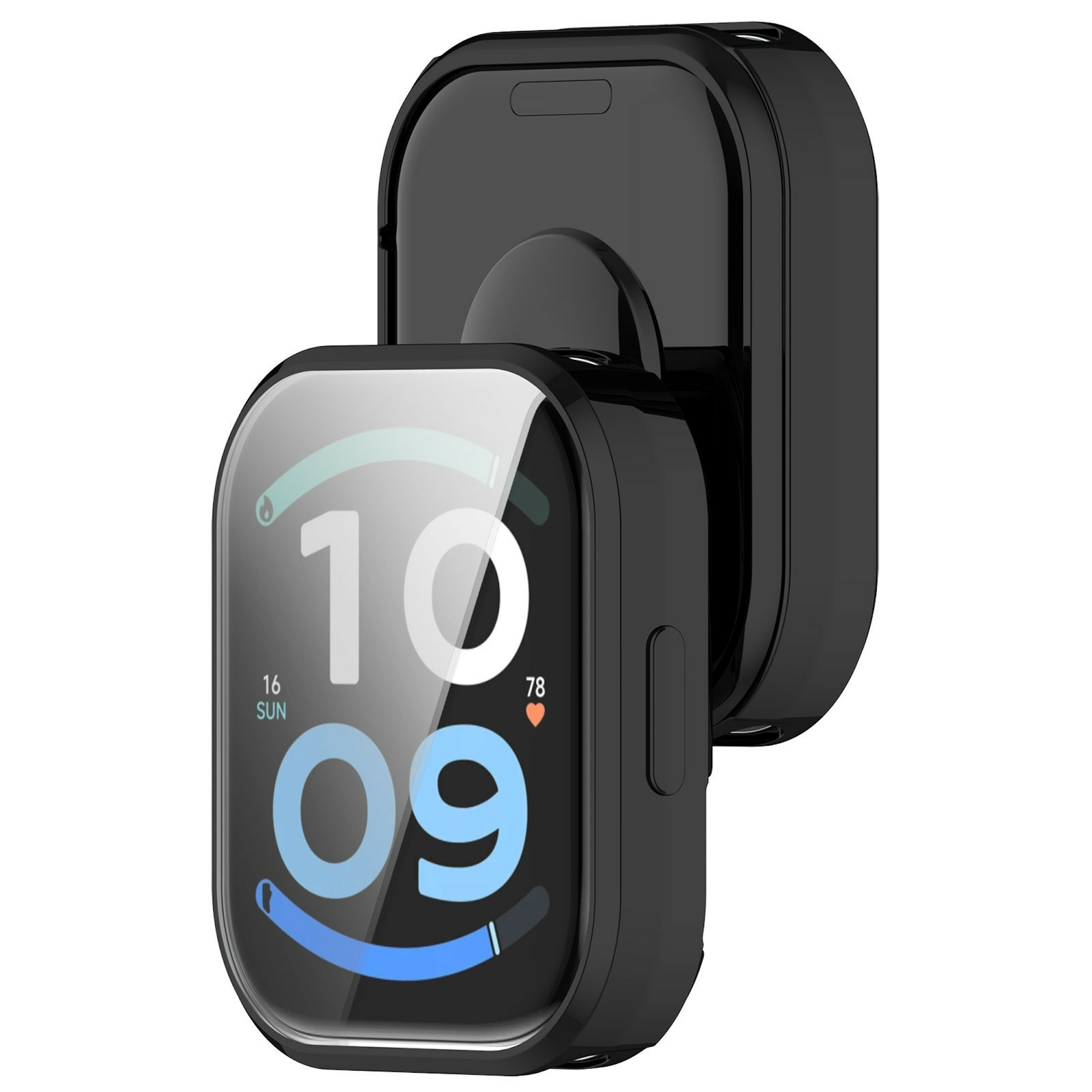 Schwarze Smartwatch im Case zeigt 10:09 Uhr und Sonntag, 16.