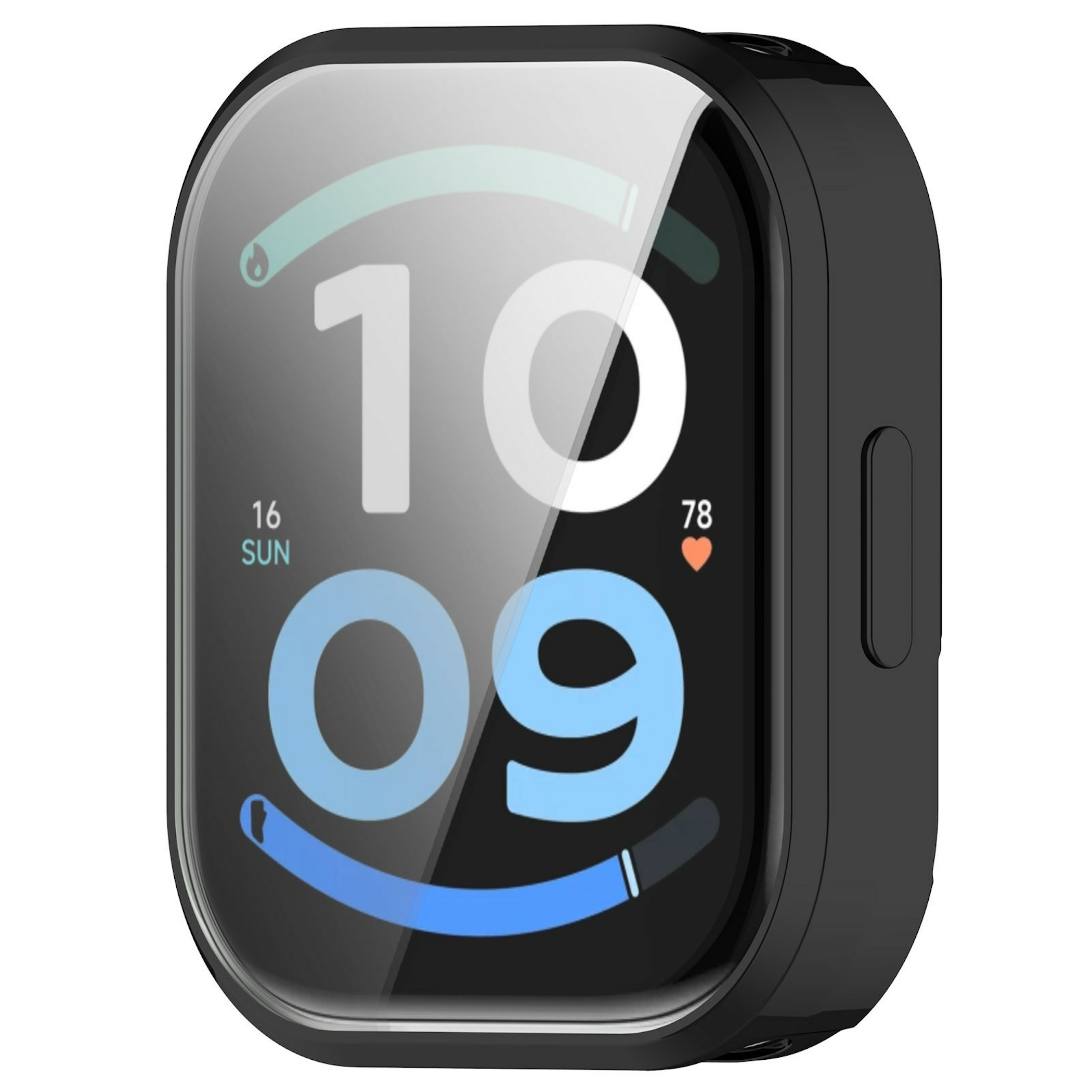 Schwarze Smartwatch mit Schutzhülle, großem Display und Ziffern.