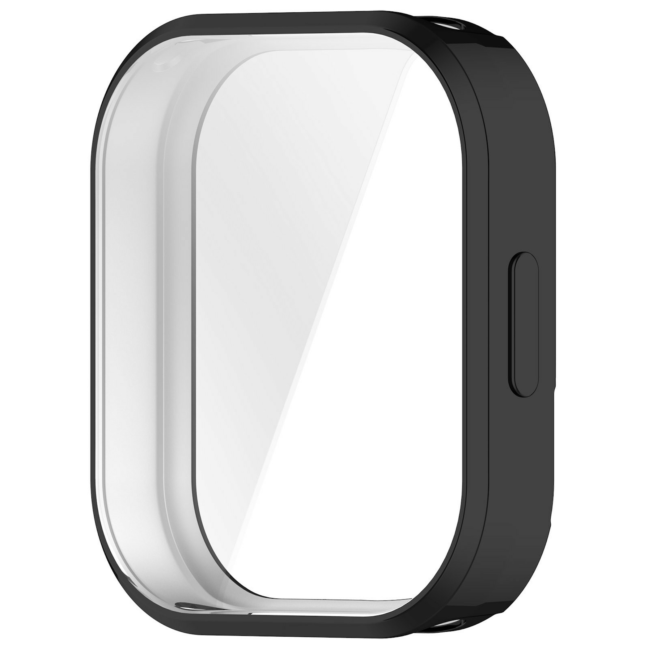 Schwarzes Schutzgehäuse mit integriertem Displayschutz für eine Smartwatch auf weißem Hintergrund.