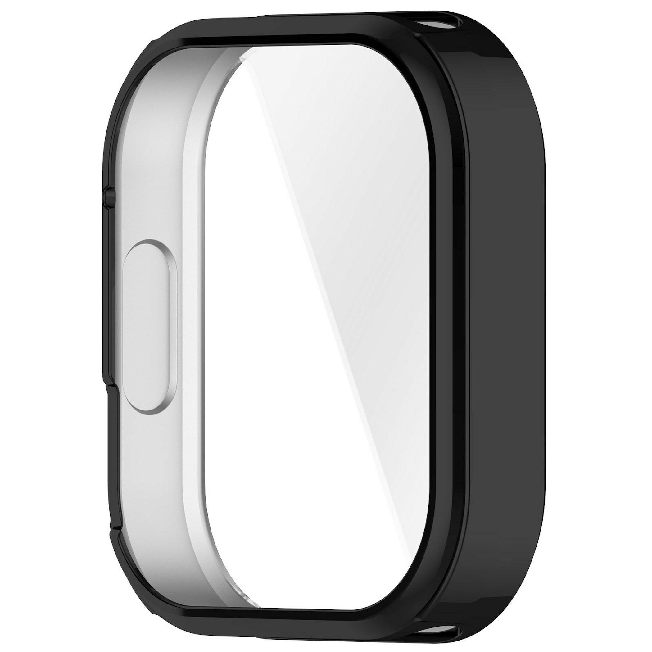 Ein schwarzes Schutzgehäuse für eine rechteckige Smartwatch mit klarem Displayschutz auf weißem Hintergrund.