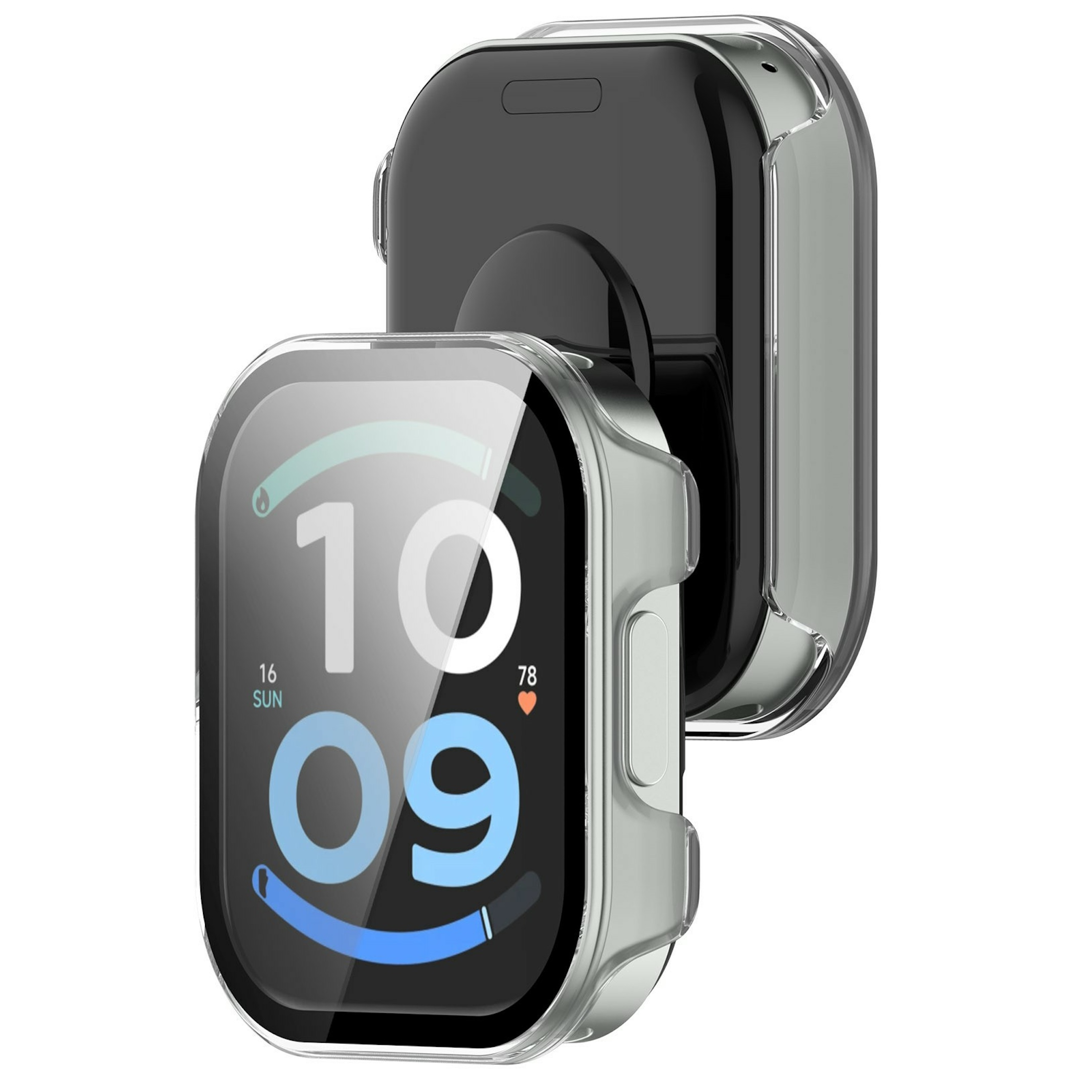 Zwei schwarze Smartwatches mit klaren Schutzhüllen vor weißem Hintergrund.
