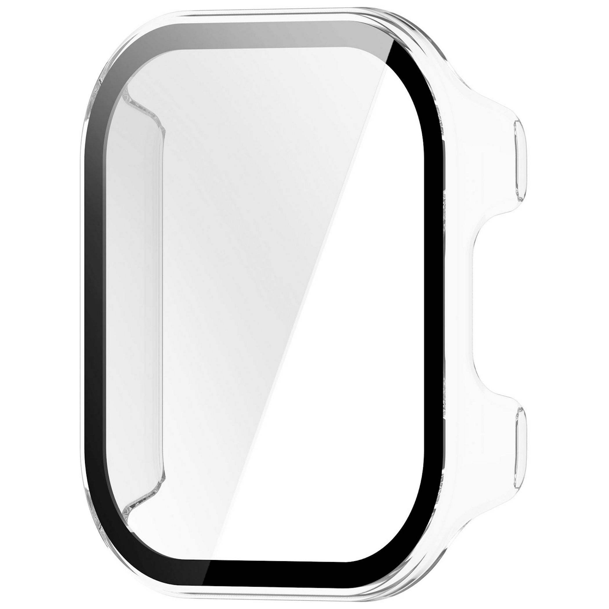Transparente Schutzhülle für Smartwatch mit schwarzem Rand auf weißem Hintergrund.