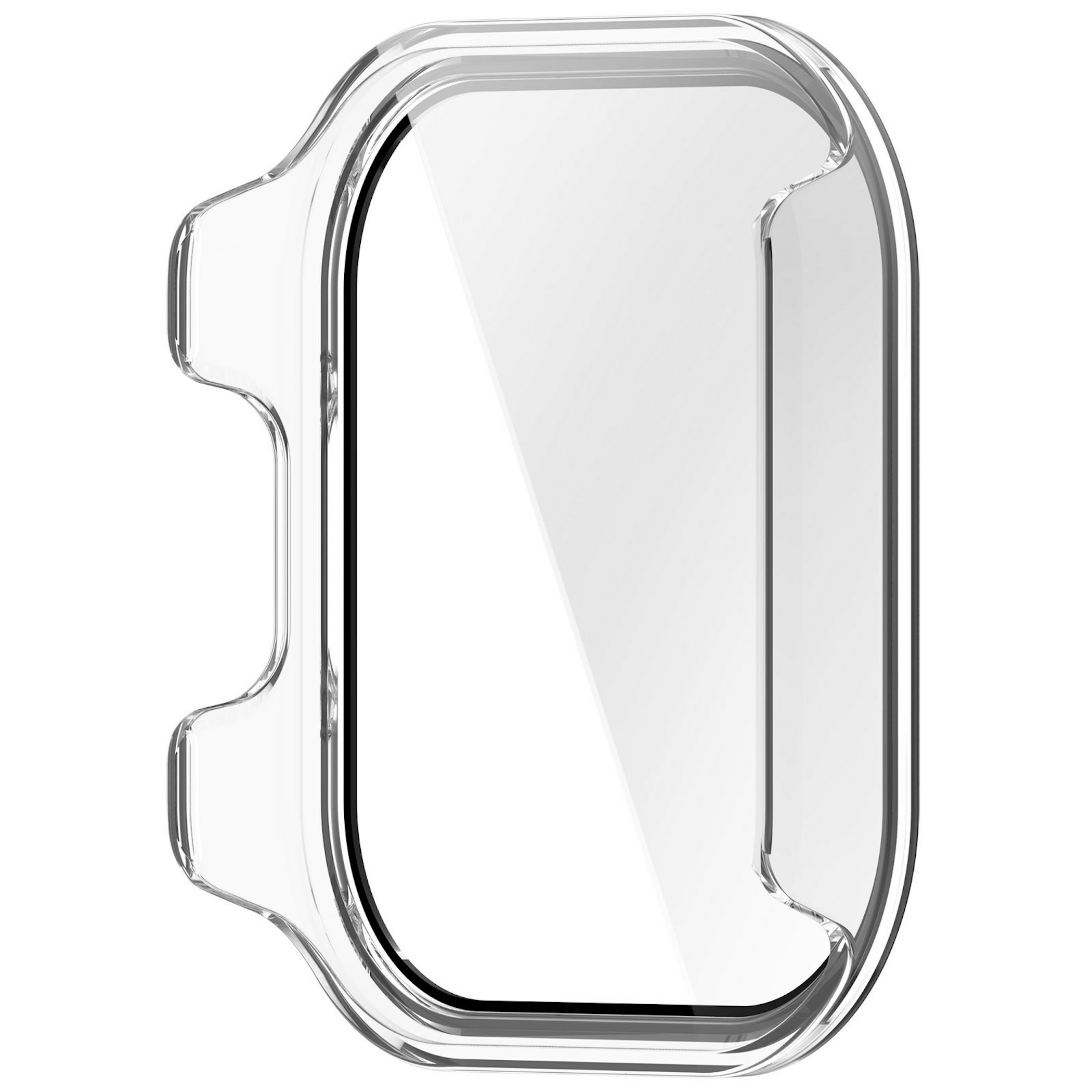 Transparente Schutzhülle für eine Smartwatch auf weißem Hintergrund.