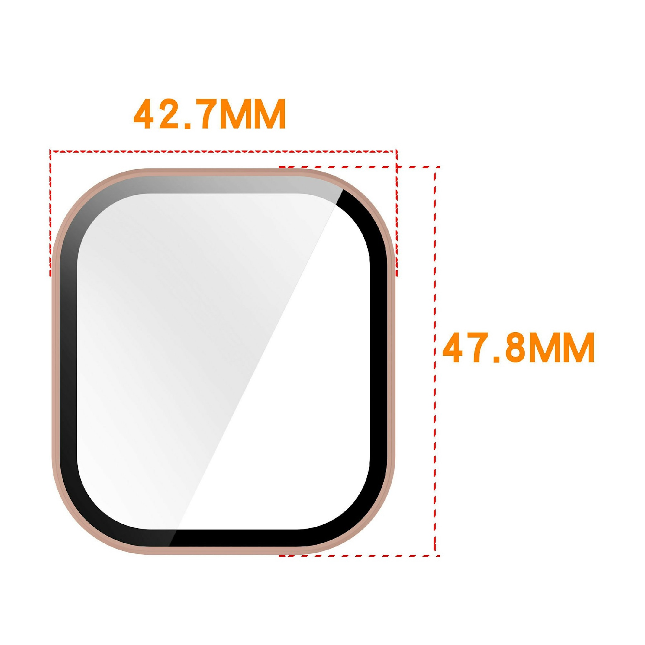 Diagramm zeigt Abmessungen eines quadratischen Displays von 42.7mm mal 47.8mm.