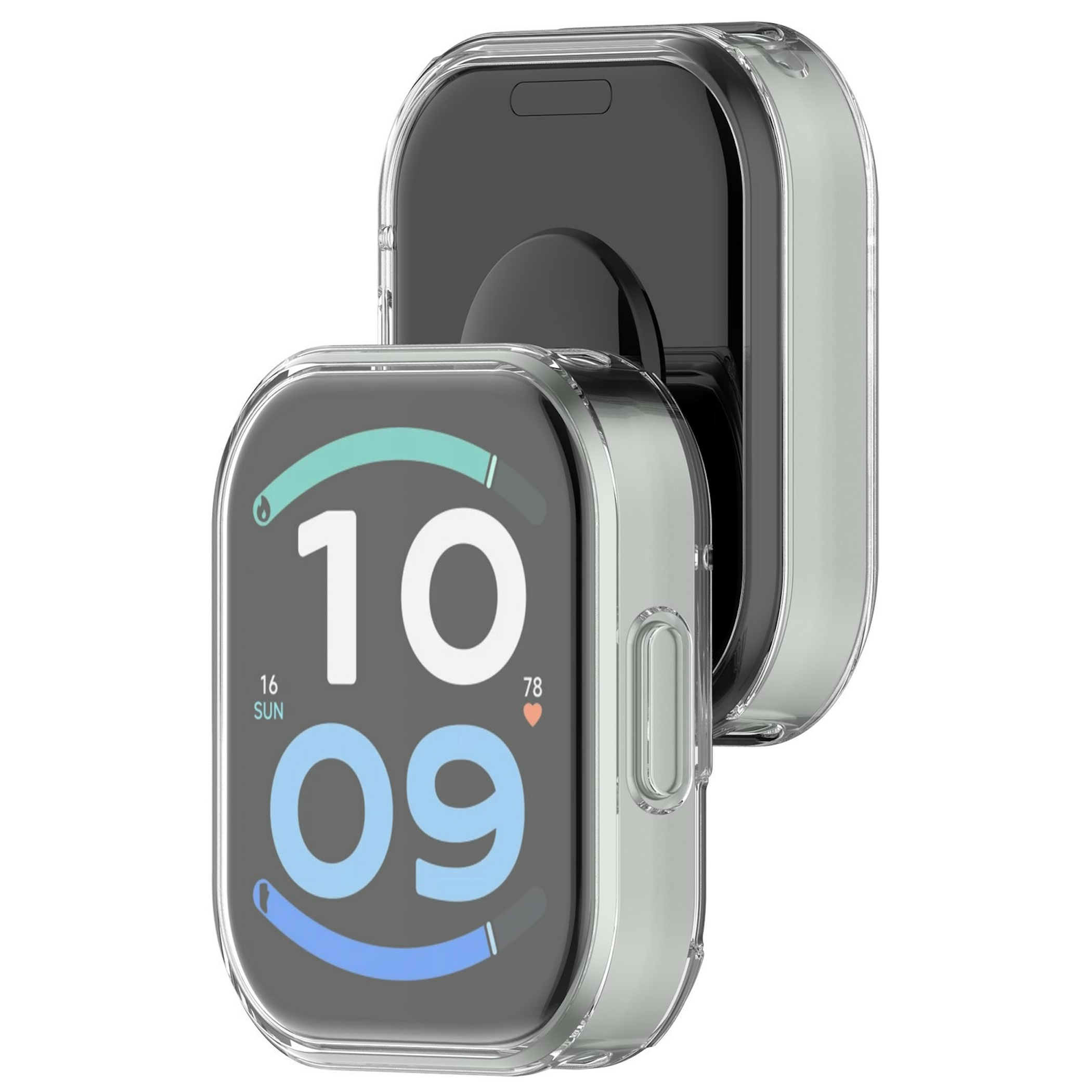 Zwei rechteckige Smartwatches mit klaren Schutzhüllen auf weißem Hintergrund.