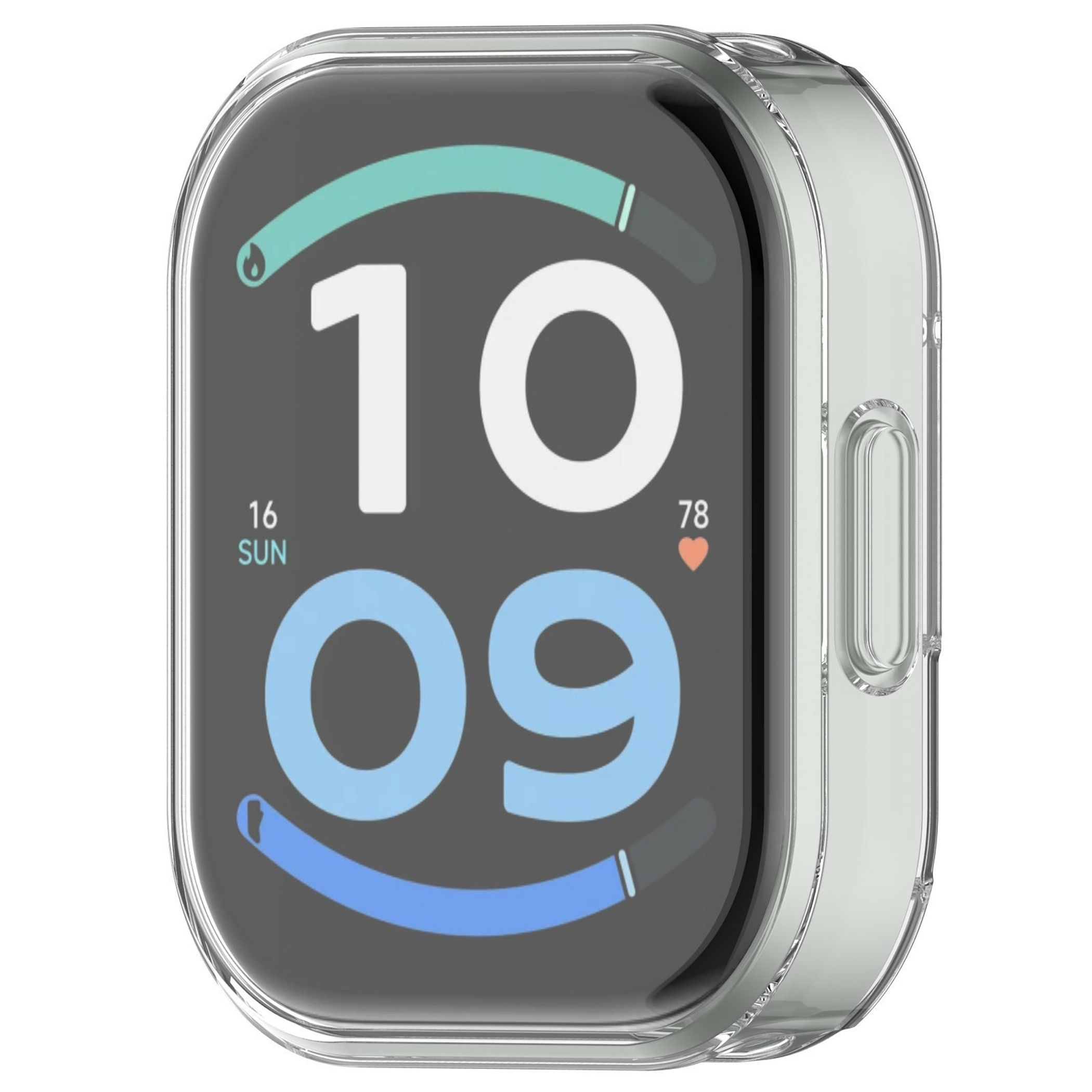 Eine rechteckige Smartwatch in einer klaren Schutzhülle zeigt die Uhrzeit 10:09, Sonntag 16 und Aktivitätsringe.