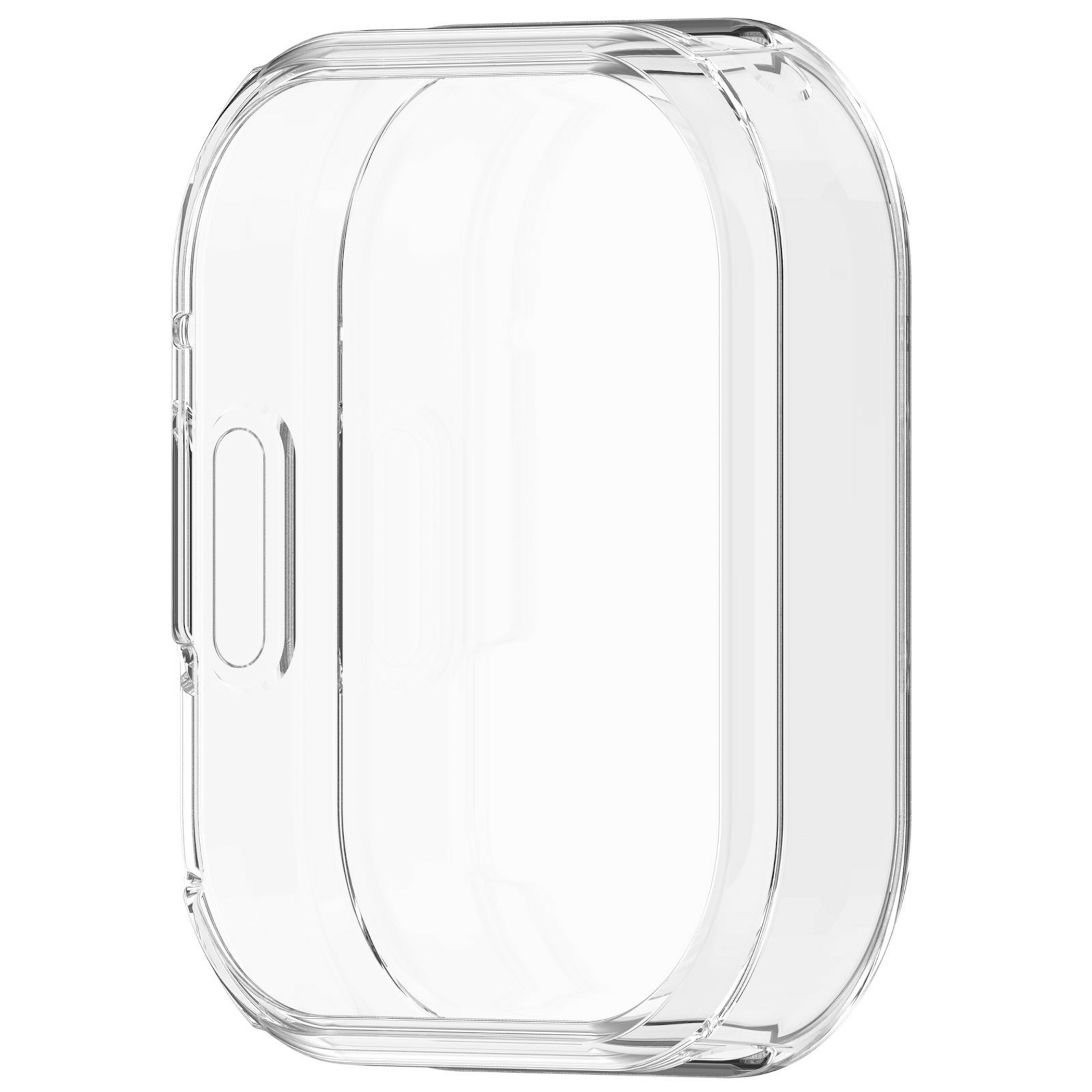 Eine transparente Schutzhülle für ein rechteckiges Gadget mit abgerundeten Ecken auf weißem Hintergrund.