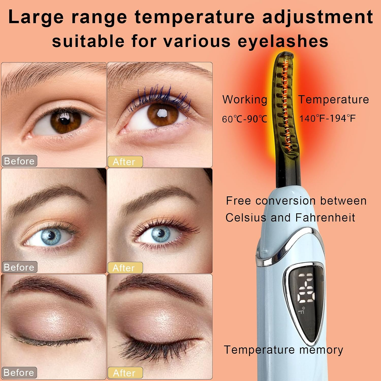 Ein elektrischer Wimpernzange mit Temperaturregelung und vorher-nachher Augenvergleich.