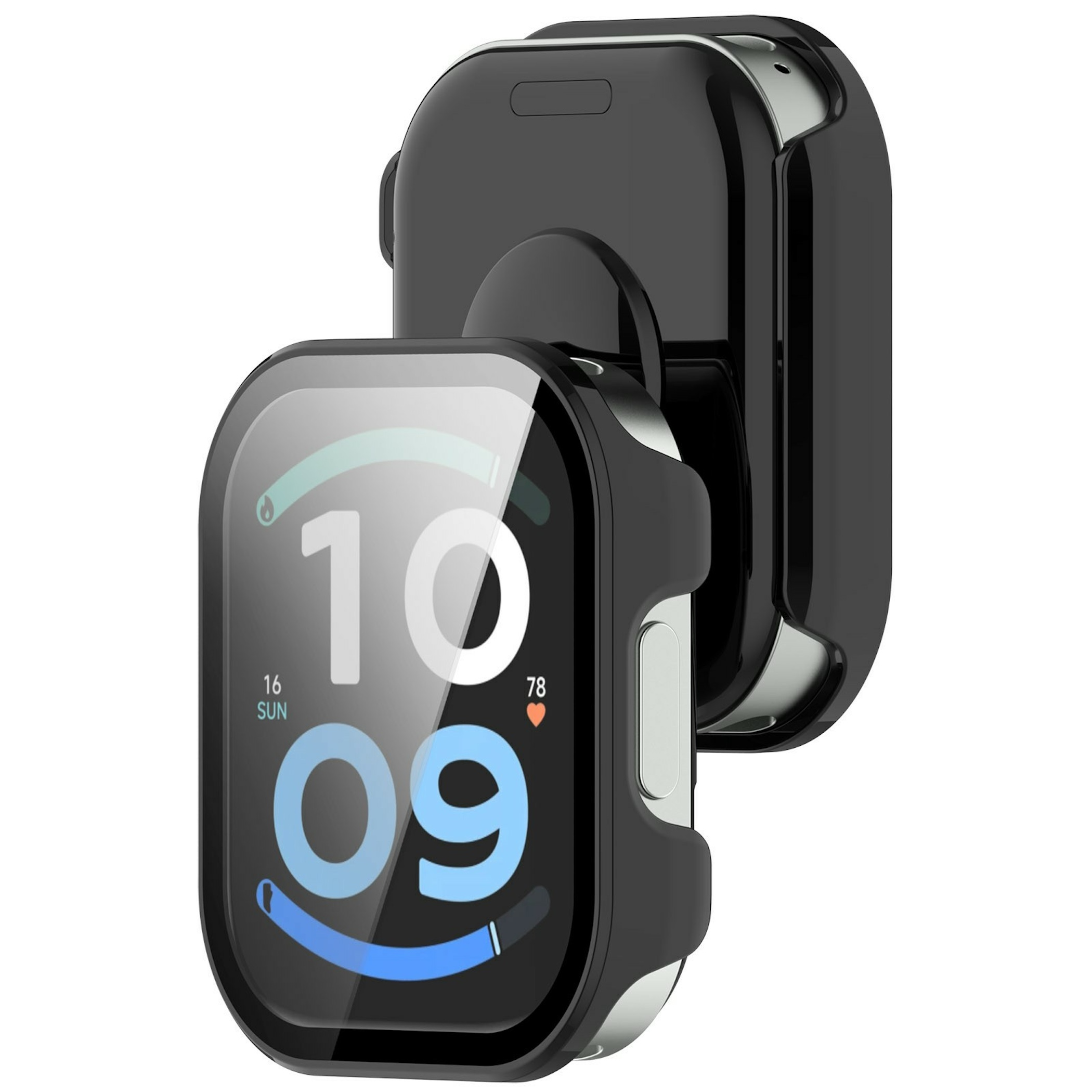 Zwei schwarze Smartwatch-Gehäuse mit Displayschutz in Nahaufnahme auf weißem Hintergrund.