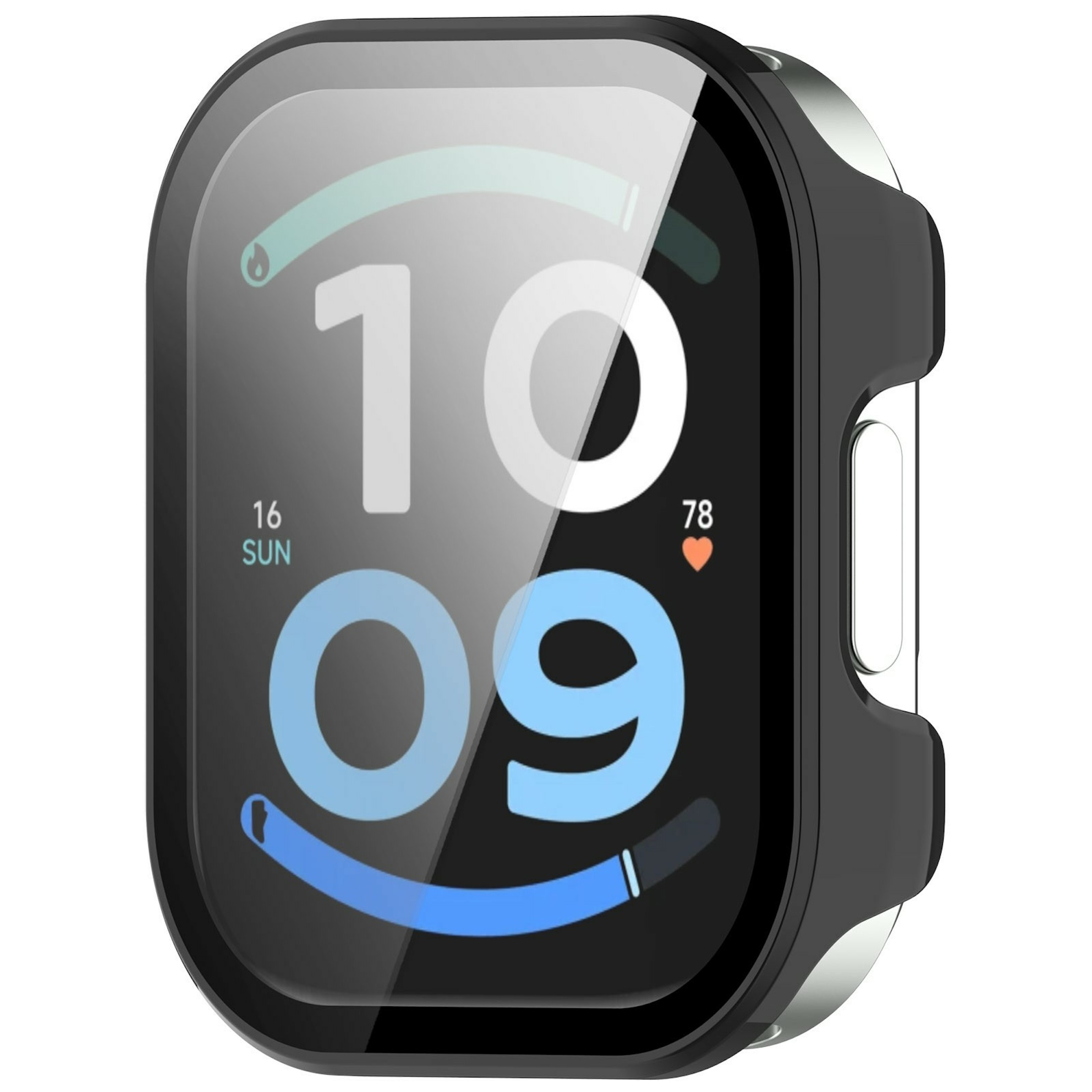 Eine schwarze Smartwatch mit Schutzhülle zeigt digital 10:09 und das Datum Sonntag, 16. auf dem Bildschirm.