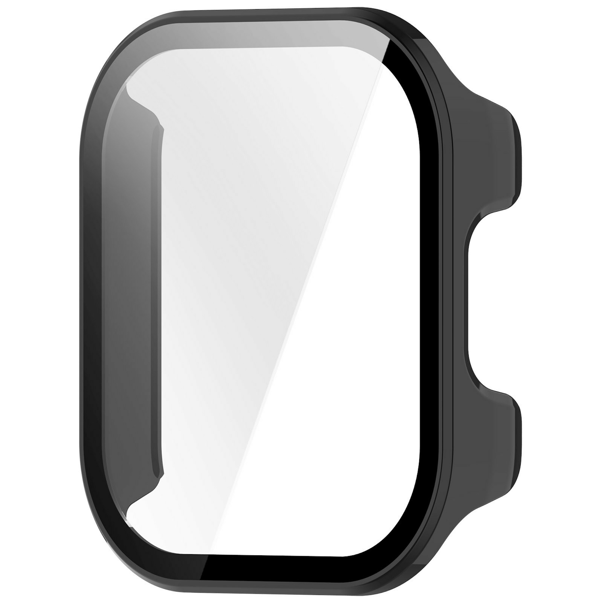 Eine schwarze Schutzhülle mit klarem Displayschutz für eine rechteckige Smartwatch.