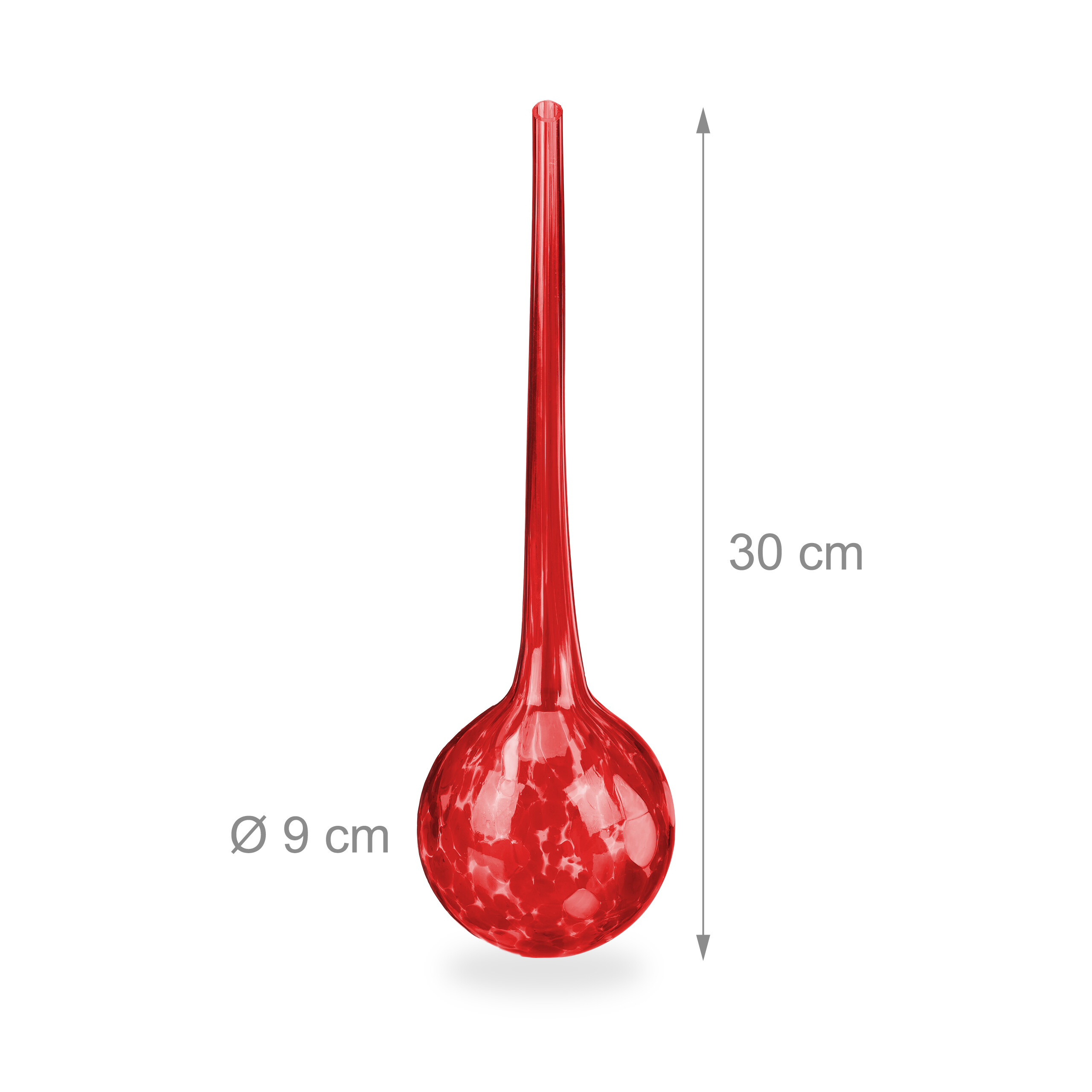 Roter Glas-Pflanzenbewässerer, 30 cm hoch und 9 cm im Durchmesser, auf weißem Hintergrund.