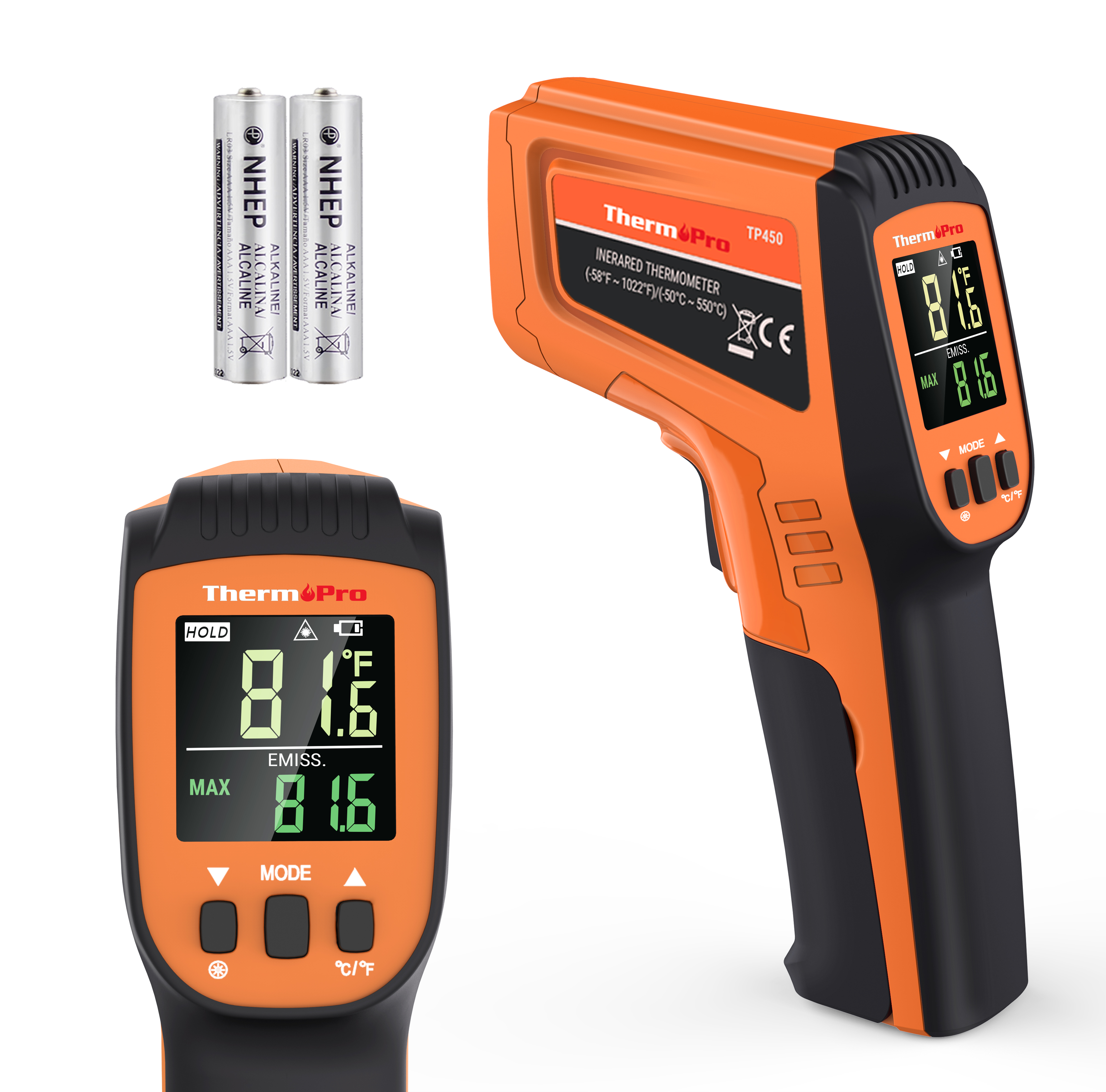 Ein orange-schwarzes ThermPro Infrarot-Thermometer mit digitalem Display und zwei AAA-Batterien.