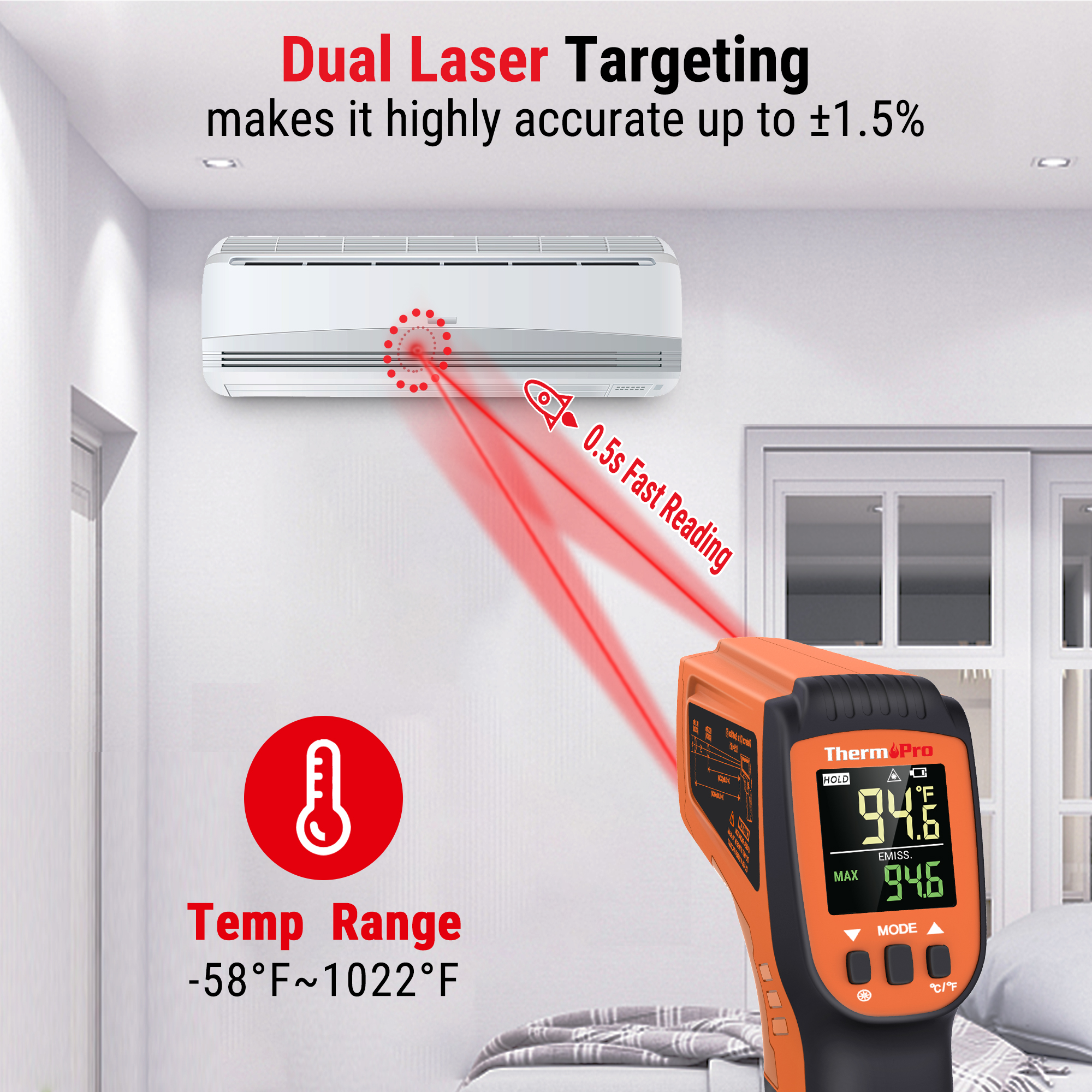 Ein orangefarbenes Infrarot-Thermometer richtet zwei rote Laser auf eine Klimaanlage und zeigt 94,6F an.