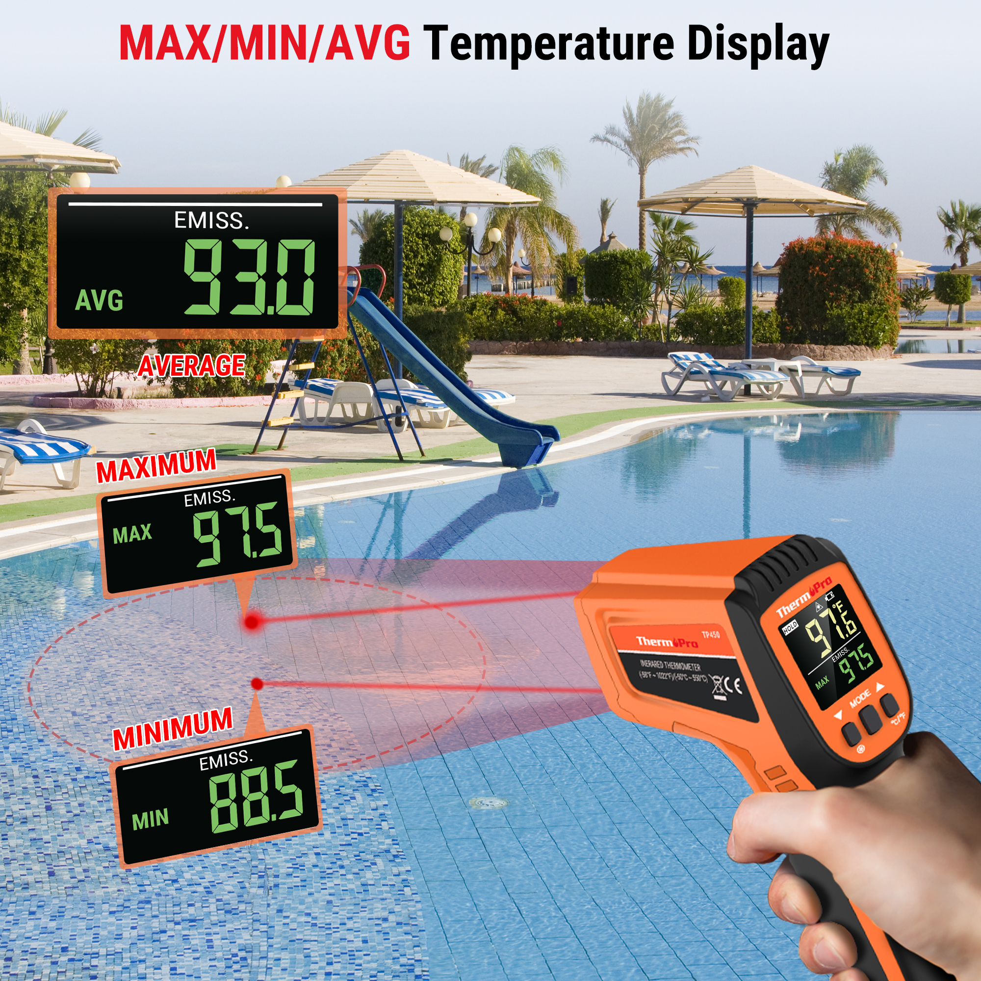 Ein Infrarot-Thermometer misst Temperaturen am Swimmingpool mit Max-, Min- und Durchschnittsanzeigen.