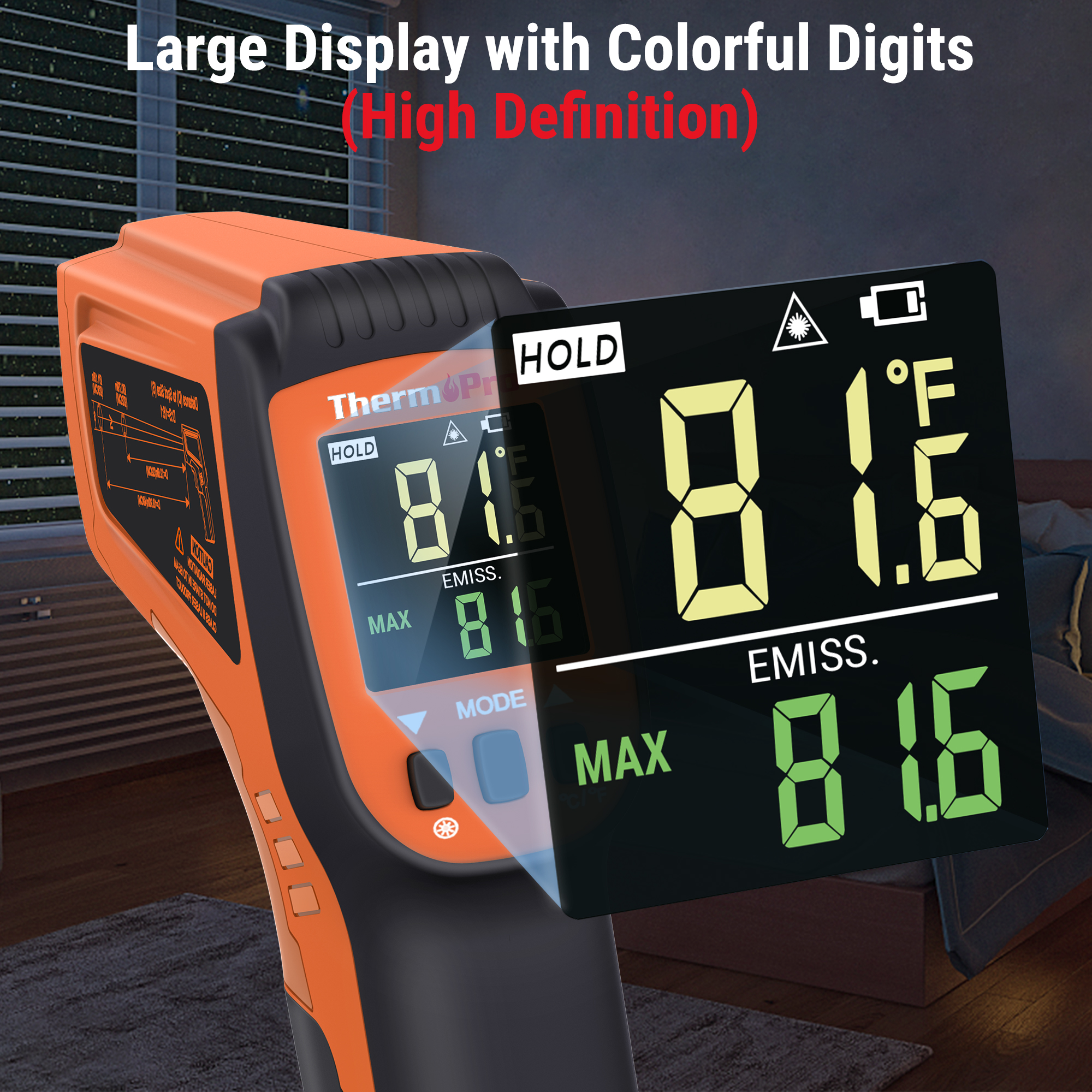 Ein orangefarbenes Infrarot-Thermometer zeigt ein HD-Display mit großen, bunten Ziffern an, die 81,6 Grad anzeigen.
