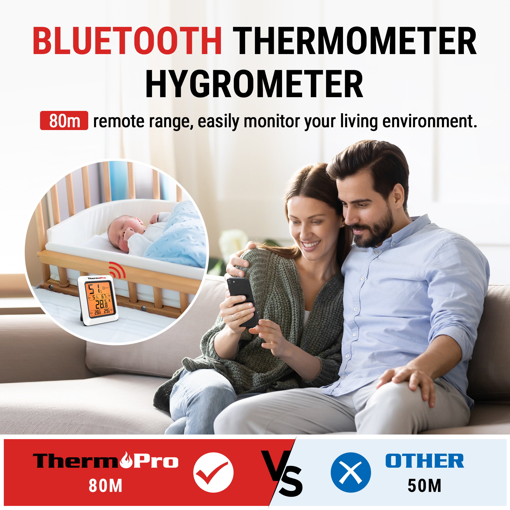 Ein Paar sitzt auf dem Sofa und schaut auf ein Handy, während ein Einsatz einen Baby-Monitor zeigt.