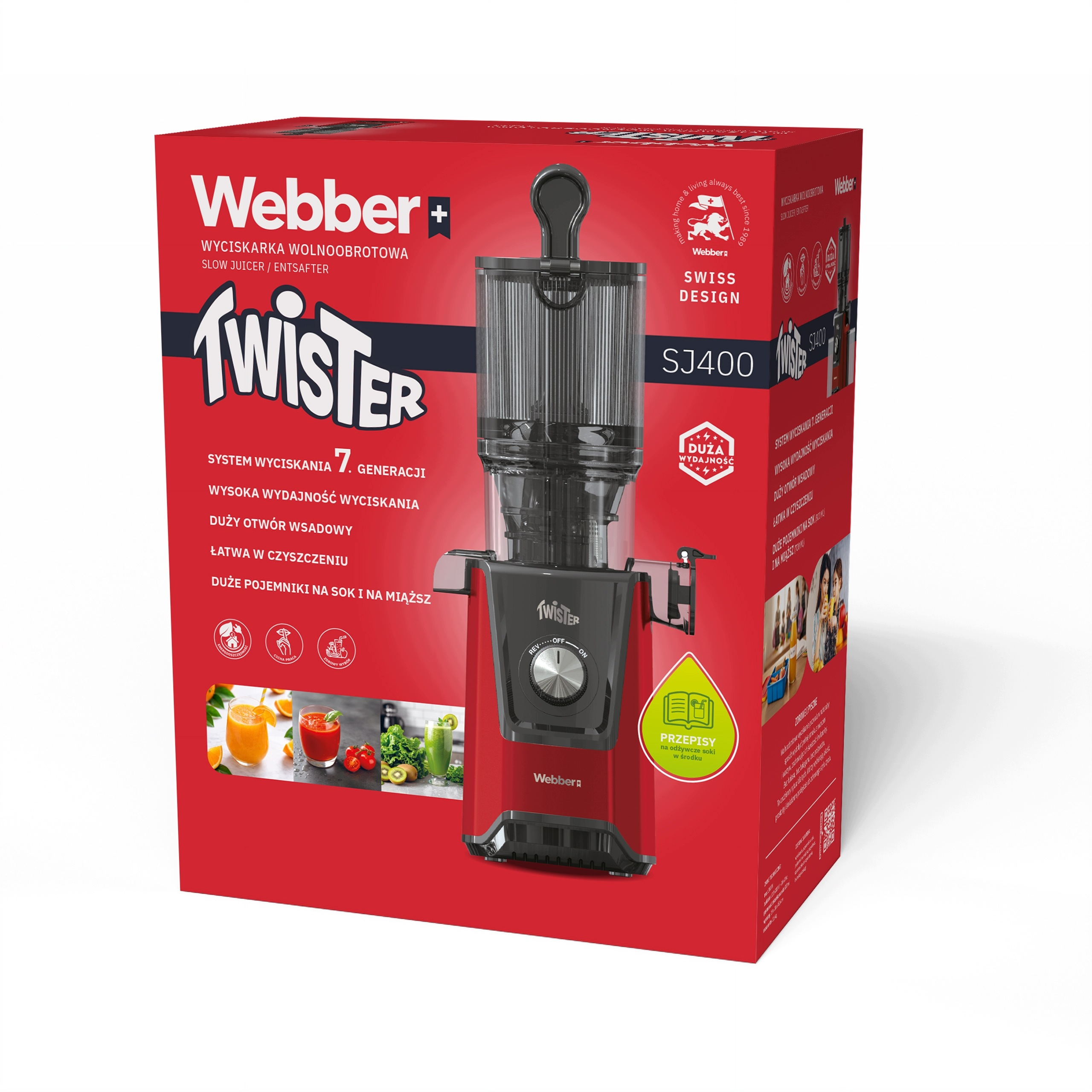 Czerwone pudełko wyciskarki wolnoobrotowej Webber Twister SJ400 z wizerunkiem urządzenia i cechami produktu.