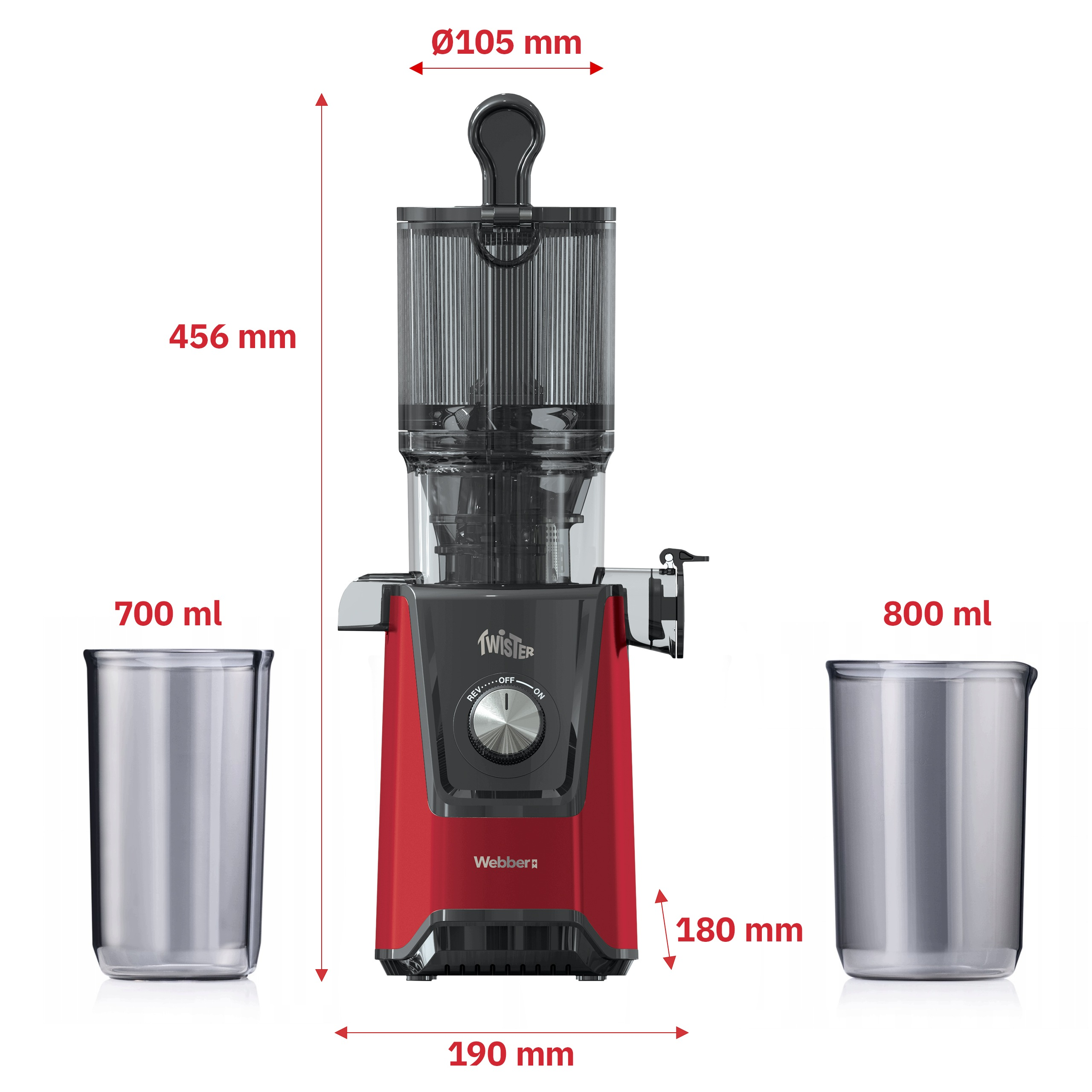 Czerwono-czarna wyciskarka wolnoobrotowa z wymiarami i dwoma pojemnikami o poj. 700 ml i 800 ml.