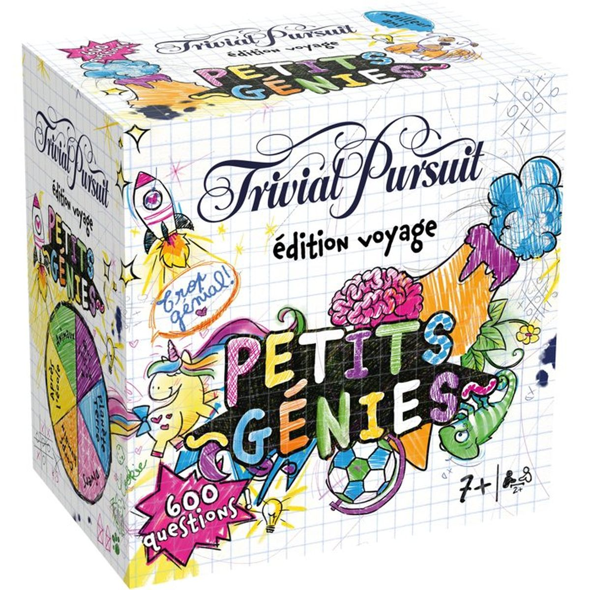 Bunte Trivial Pursuit Petits Genies Reiseedition Brettspielbox mit handgezeichneten Doodles auf kariertem Hintergrund.
