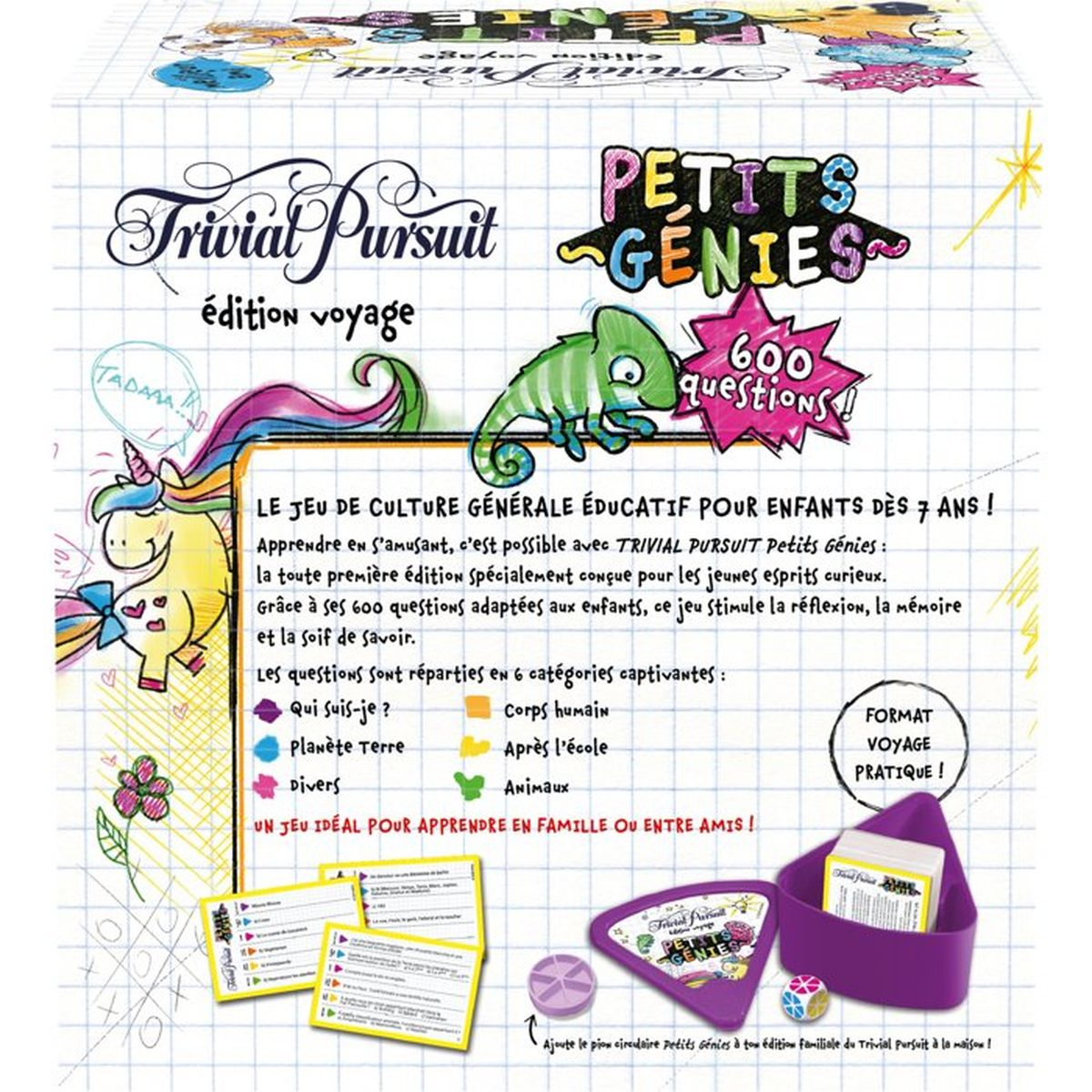 Trivial Pursuit Petits Génies Reiseedition, Brettspielkasten mit bunten Illustrationen und Fragen.