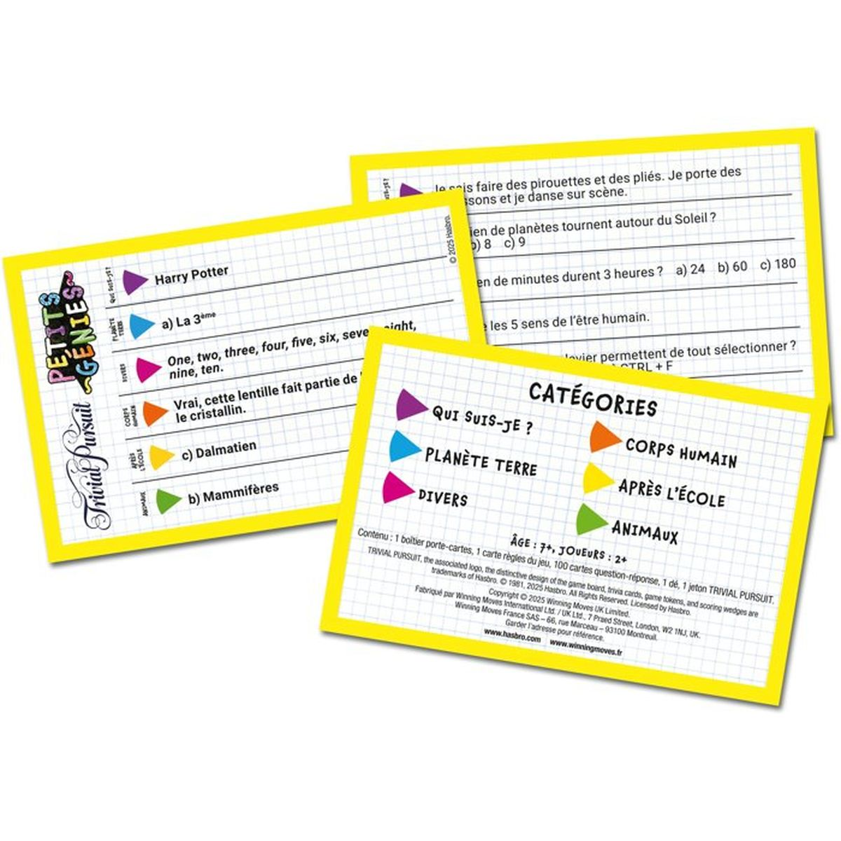 Mehrere bunte Trivial Pursuit Petits Genies Spielkarten mit Fragekategorien und Texten.