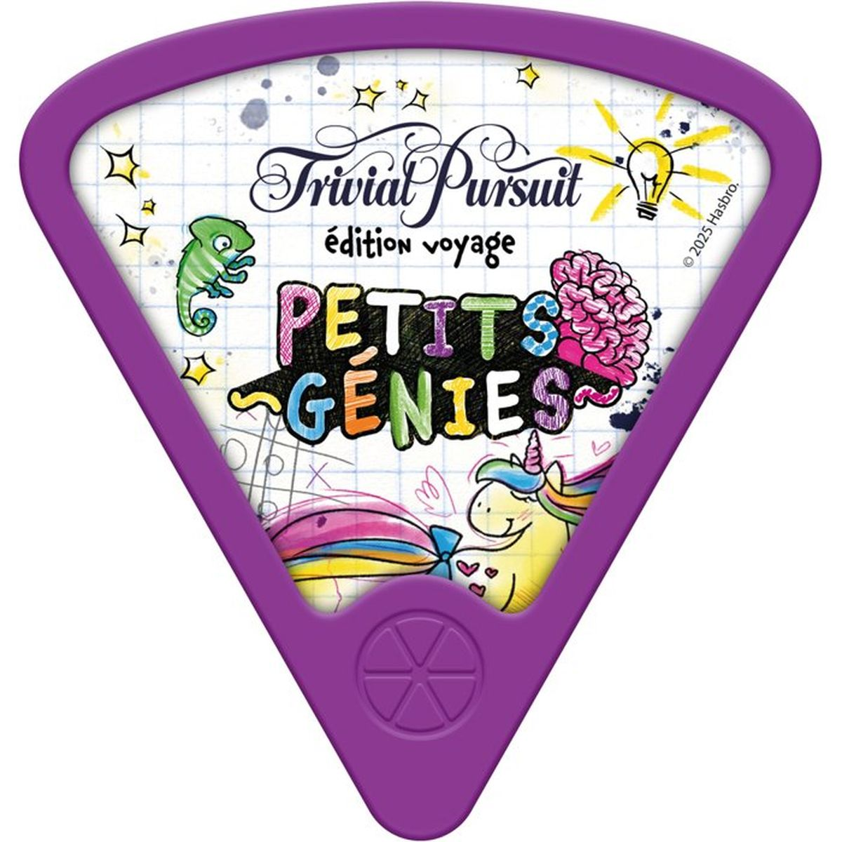 Dreieckige Trivial Pursuit Petits Genies Spielschachtel mit violettem Rahmen, bunten Zeichnungen und einem Einhorn.