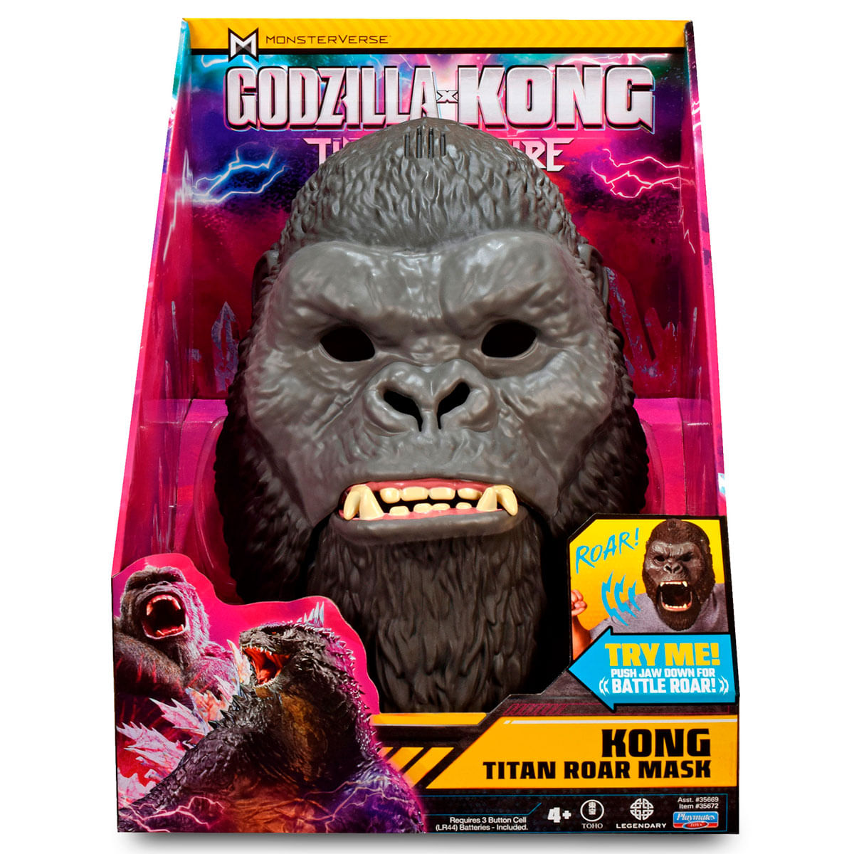 Máscara Godzilla x Kong Titan Roar en caja colorida con el rostro de Kong y un gráfico de la pelea con Godzilla.