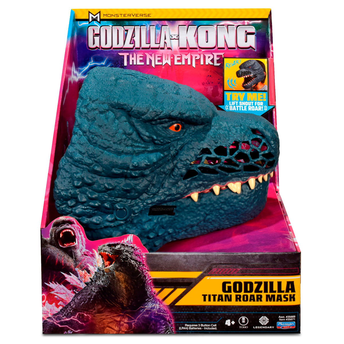 Juguete de máscara Godzilla Titan Roar en su colorido empaque rosa y amarillo.