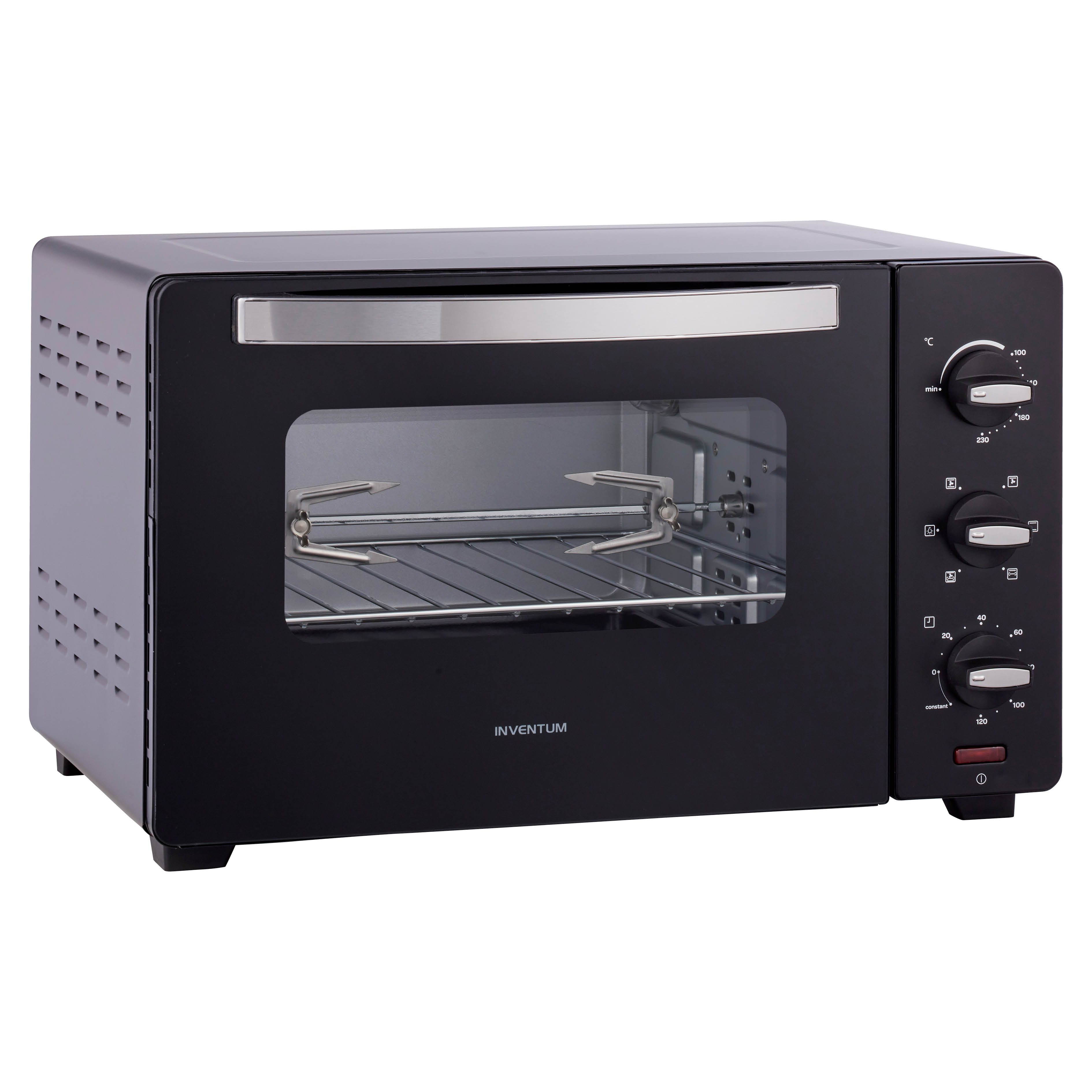 Un mini forno nero Inventum con porta in vetro, maniglia in metallo e tre manopole a destra.