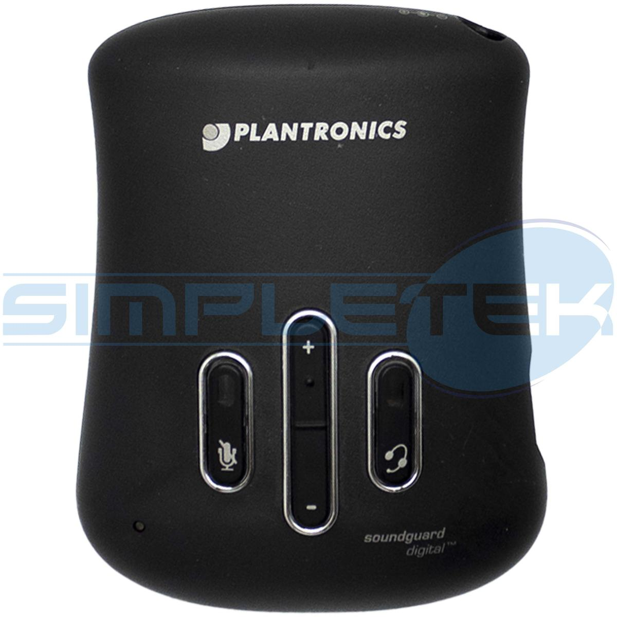Amplificatore audio Plantronics nero con tre pulsanti e logo bianco.