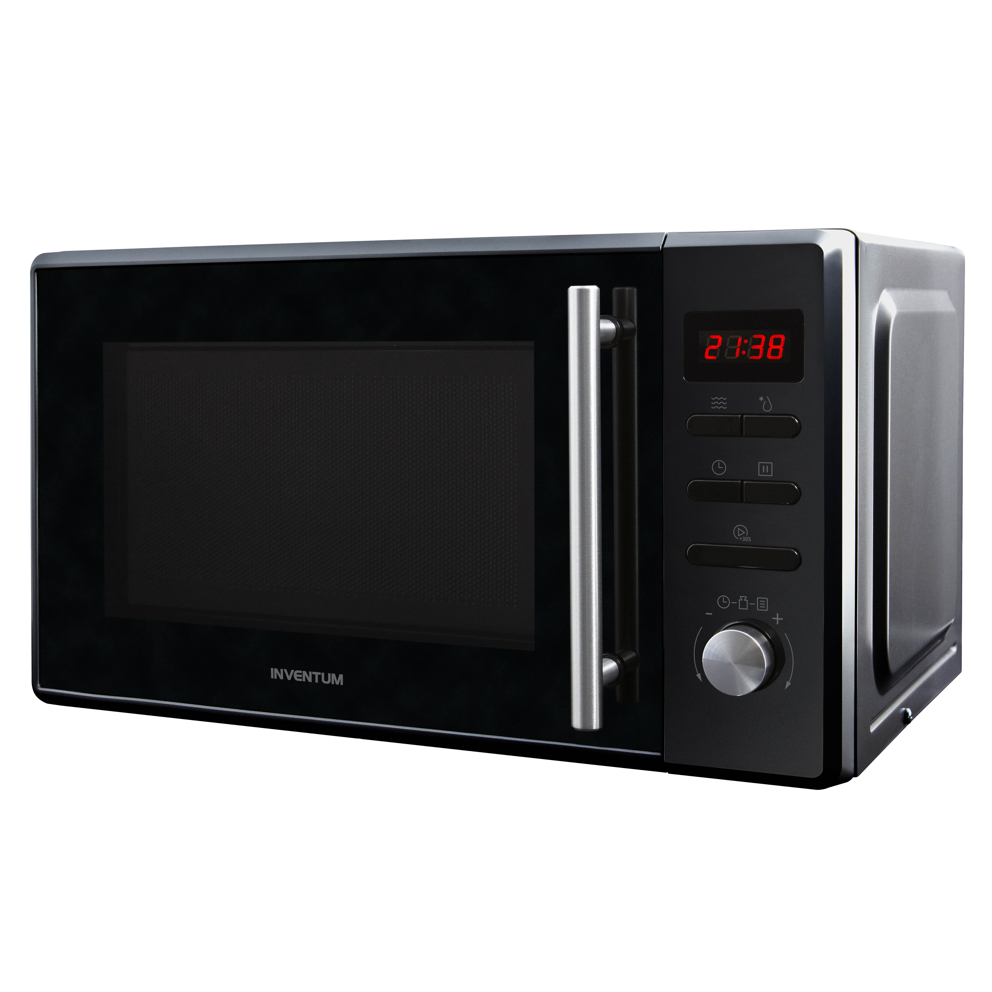 A black microwave with a silver handle, digital display, control buttons, and a rotary knob on a white background.