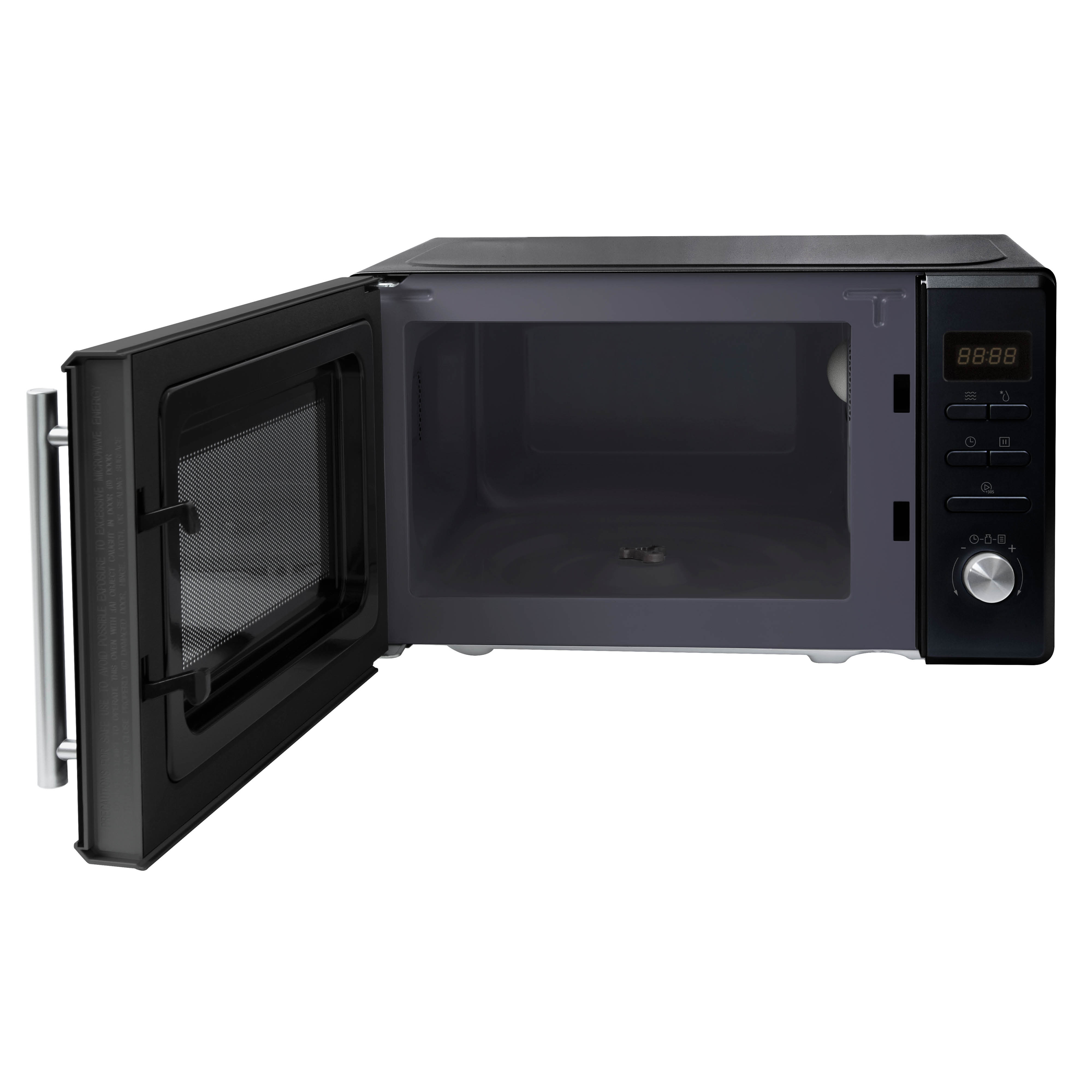 Black microwave with an open door and digital control panel on the side.